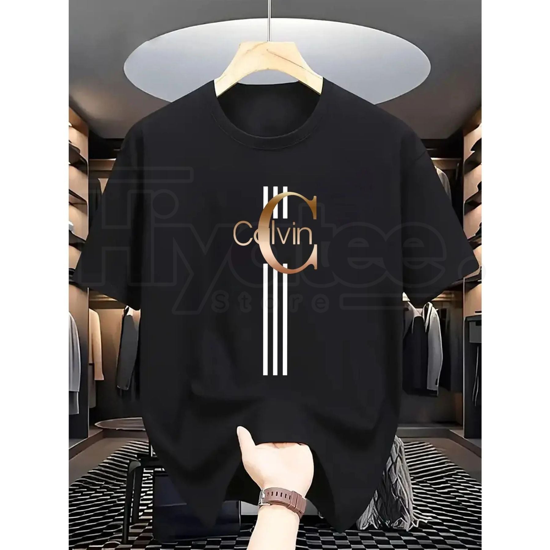 Men's Casual Calvin Print T-Shirt – Black & Gold Striped Street Style Essential