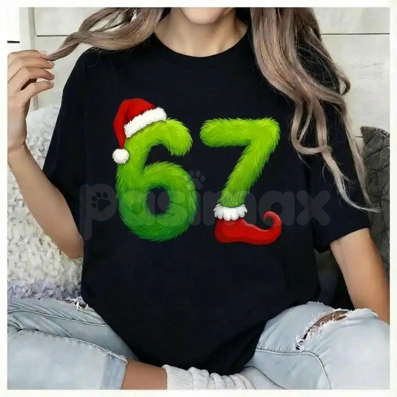 Unisex Funny Gen Z Pop 67 Meme T-Shirt - Green Guy Inspiration Santa Hats Graphic, Niche Viral Humor Tee, Trendy Holiday Meme Apparel