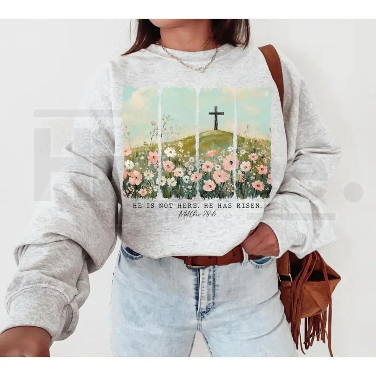 He Is Risen Wildflower Crewneck: Aesthetic Boho Christian Easter Sweatshirt