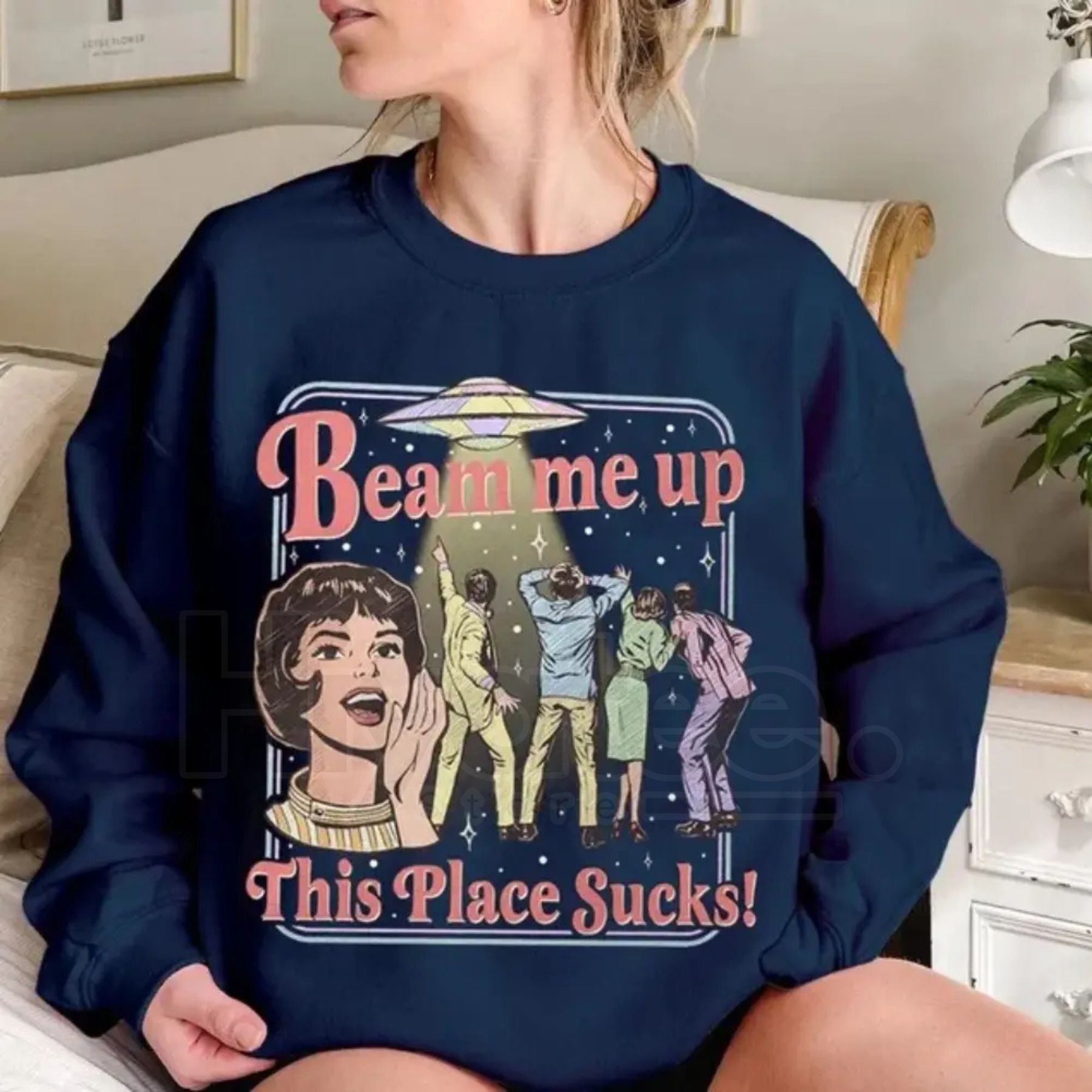 Beam Me Up This Place Sucks Sweatshirt: Funny Retro UFO Graphic Crewneck