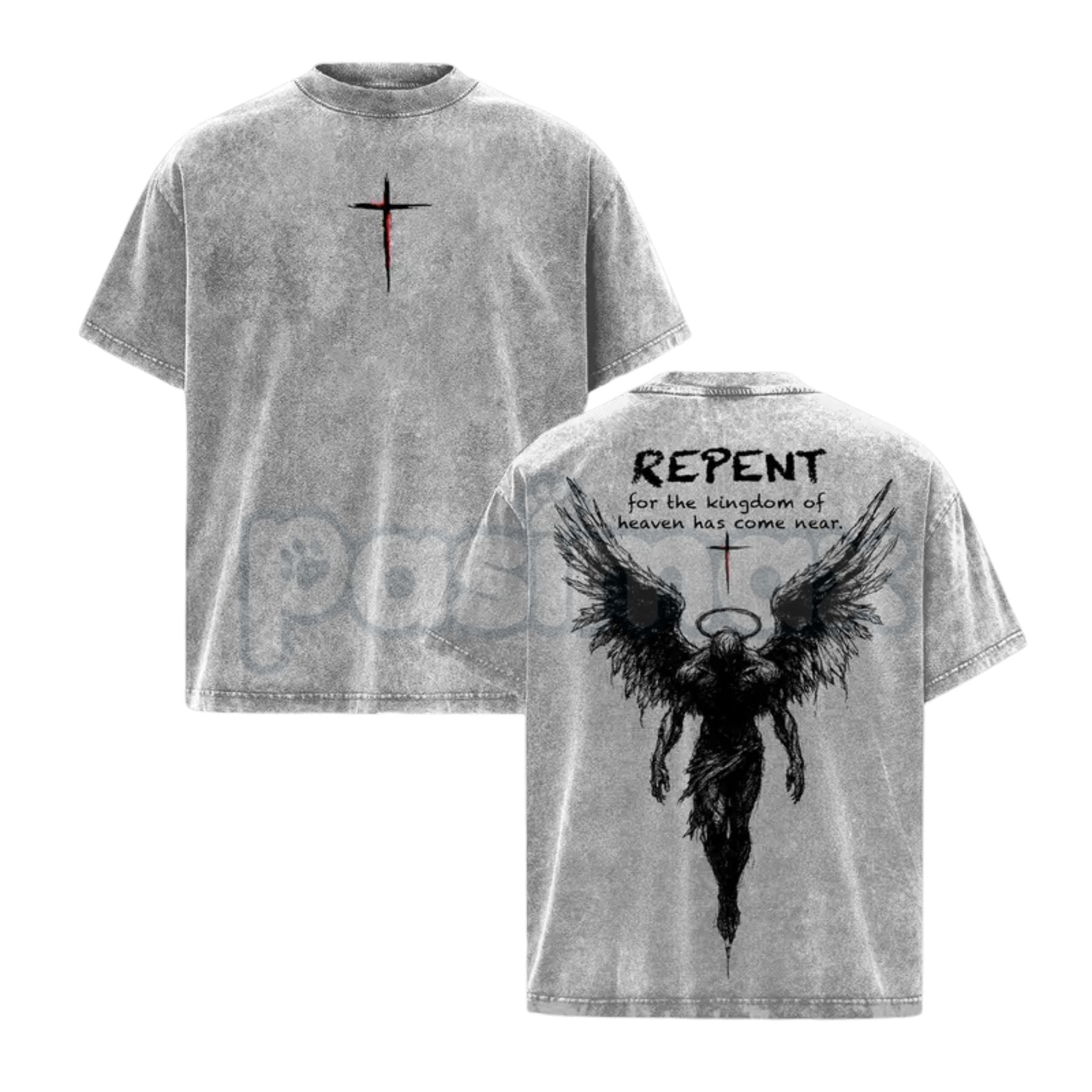 The Kingdom Mandate: Repent Vintage Washed Tee – Heavy Cotton Christian Streetwear, Gospel Angel Wings Shirt