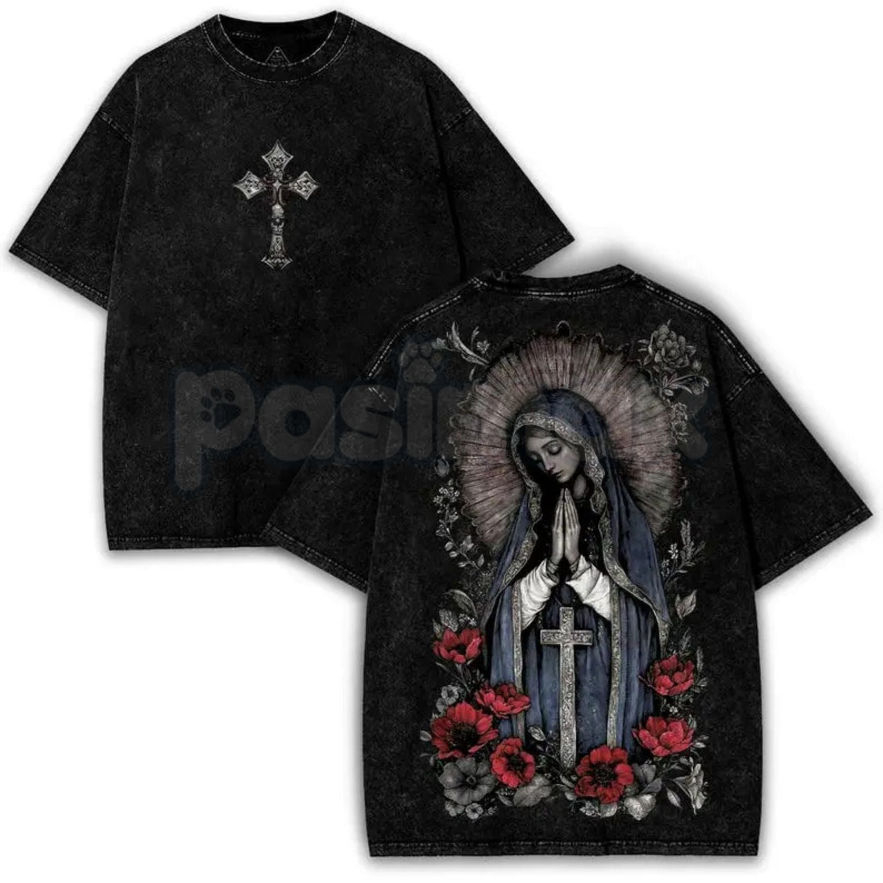 The Madonna Sanctuary: Virgin Mary Washed Tee – Heavy Cotton Gothic Streetwear, Sacred Art Graphic T-Shirt