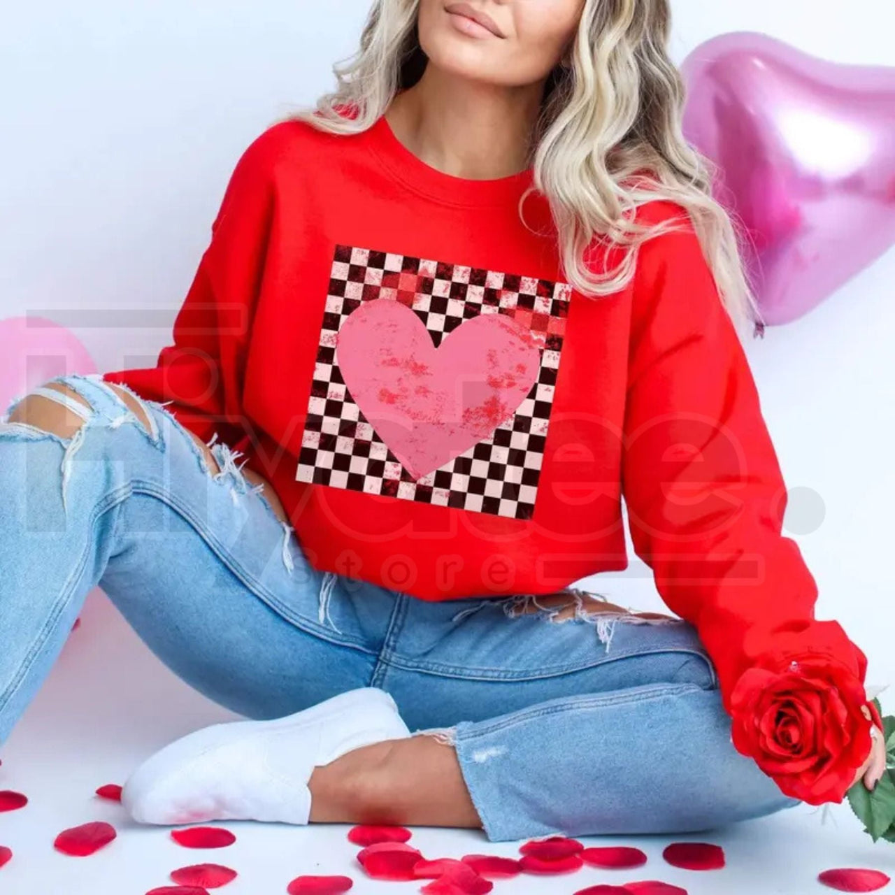 Retro Checkered Heart Sweatshirt: Cute Teacher Valentine Crewneck