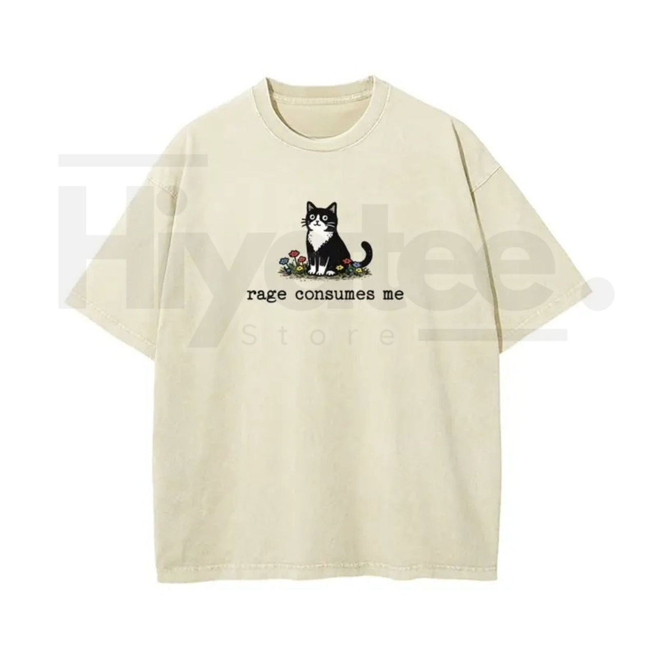 Funny Cat Meme Vintage Washed T-Shirt – “Rage Consumes Me” Oversized Cotton Graphic Tee