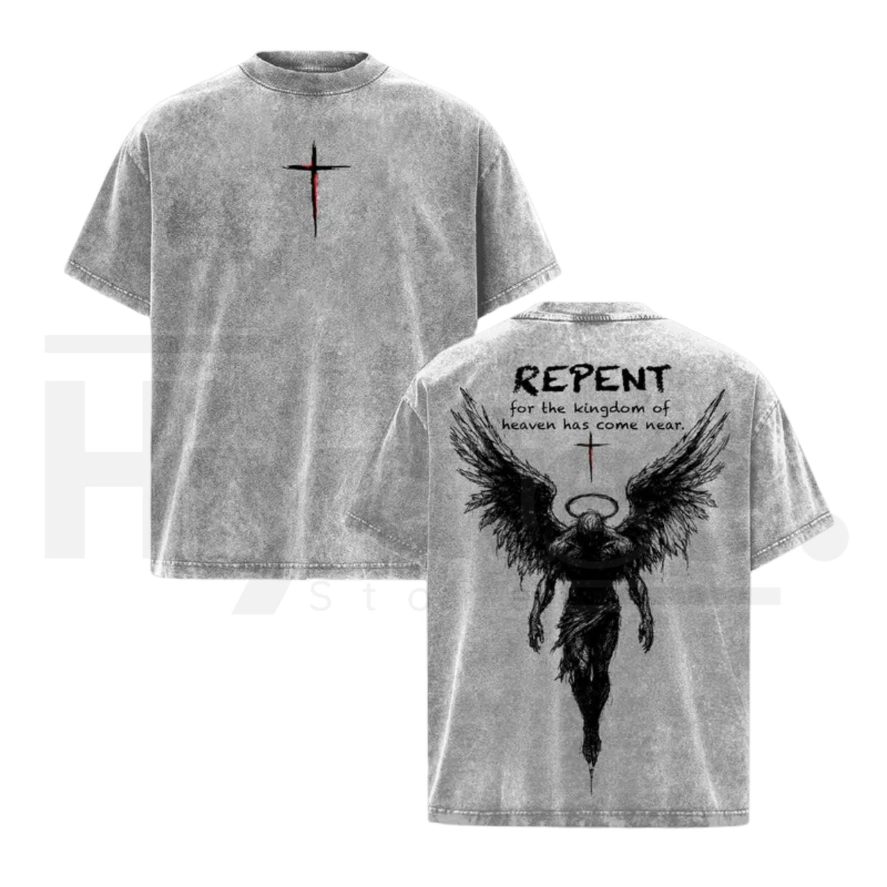Repent Vintage Washed Oversized Christian T-Shirt – Angel Wings Faith Graphic Heavy Cotton Tee