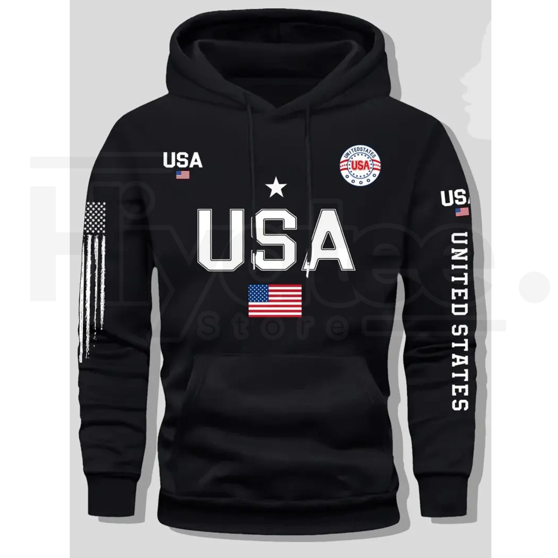 USA Flag Print Men’s Fleece Hoodie – United States Letter Print Unisex Knit Pullover for Couples & Students, 2026 Spring Fashion