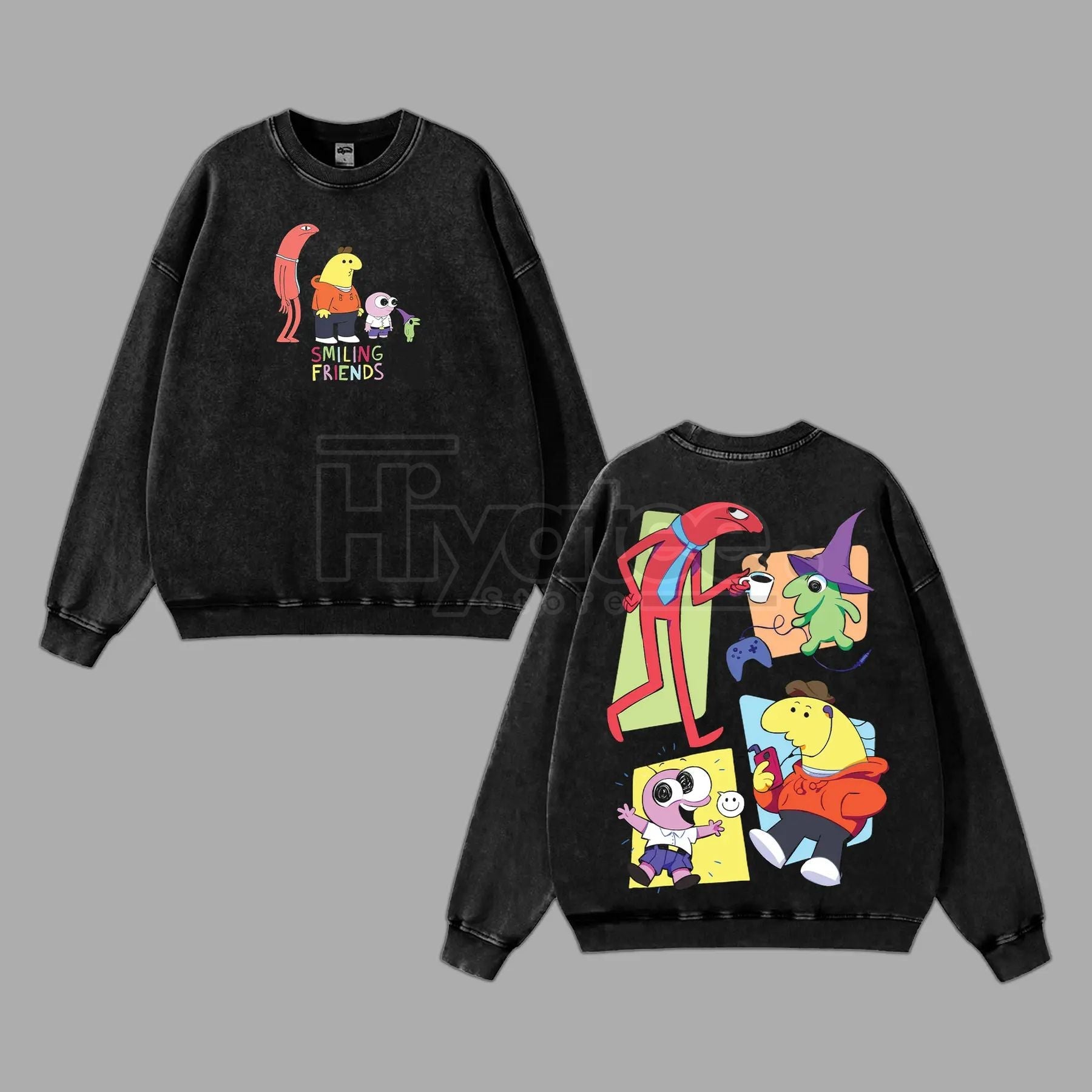 Smiling Friends Season 3 Vintage Washed Tee & Sweatshirt – Double Printed Graphic Streetwear