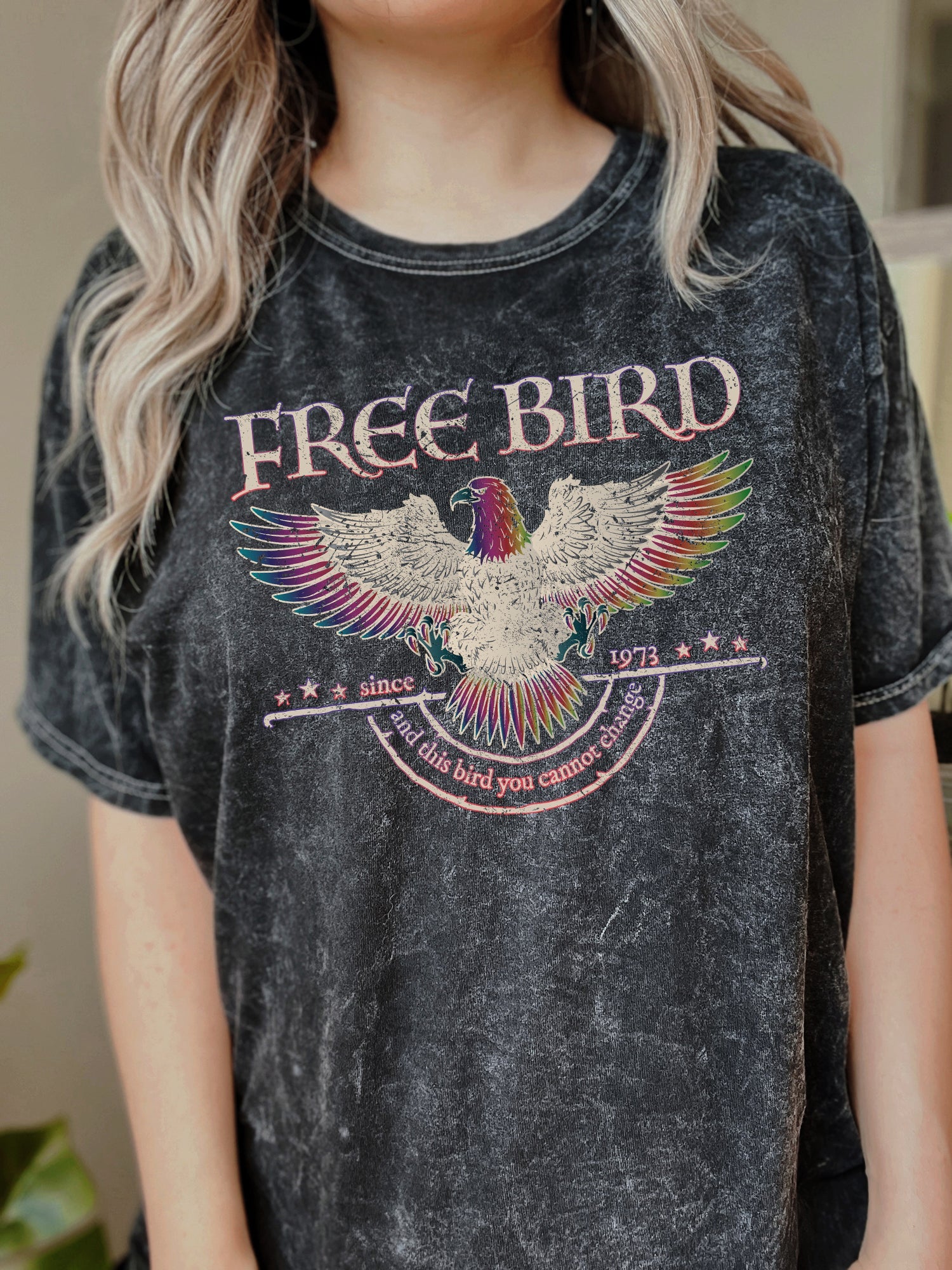 Free Bird Vintage Mineral Wash Old School Rock Band Tribute Classic Retro Style Graphic Tee