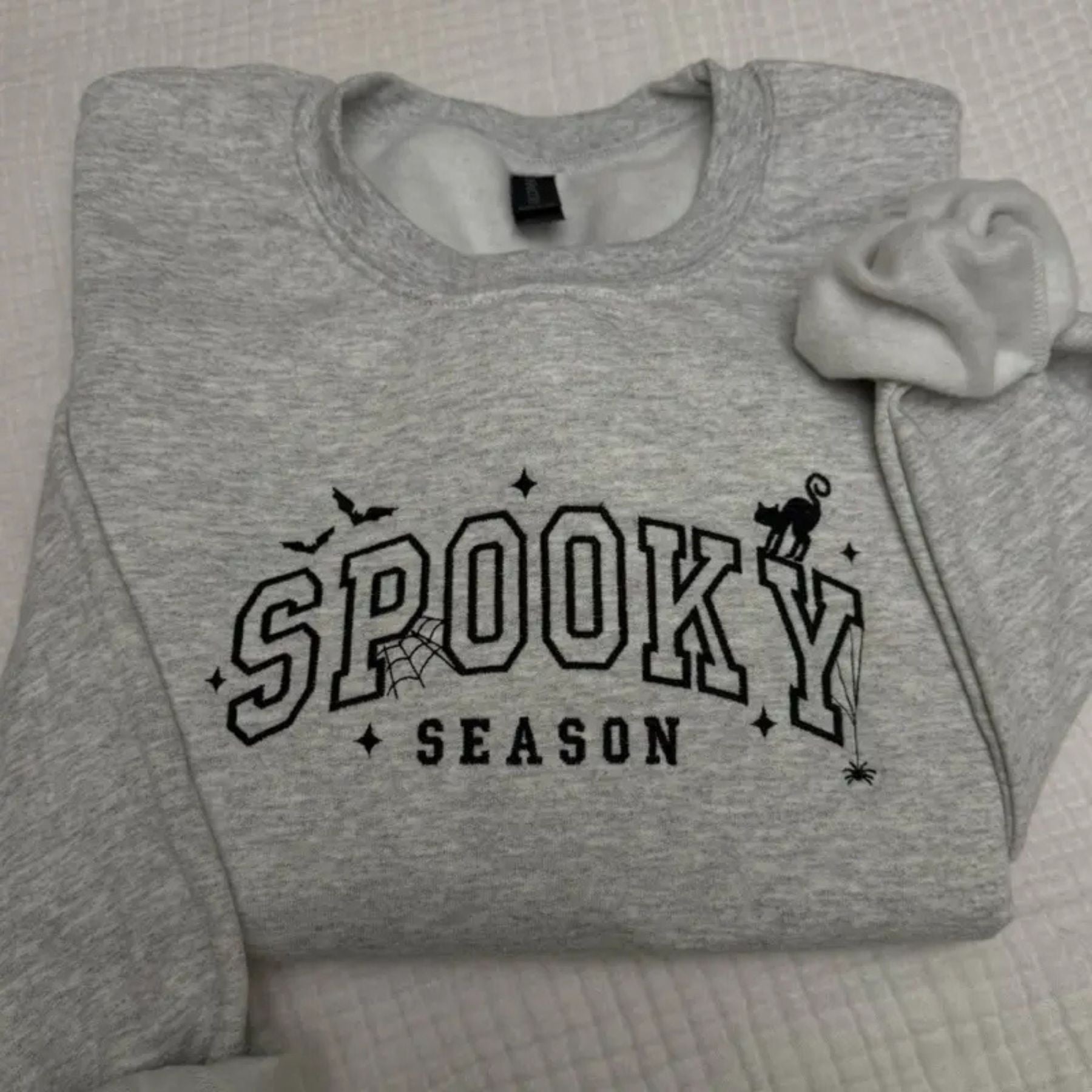 Spooky Season Halloween Cat Bats Spiderweb Embroidered Spooky Season Sweatshirt