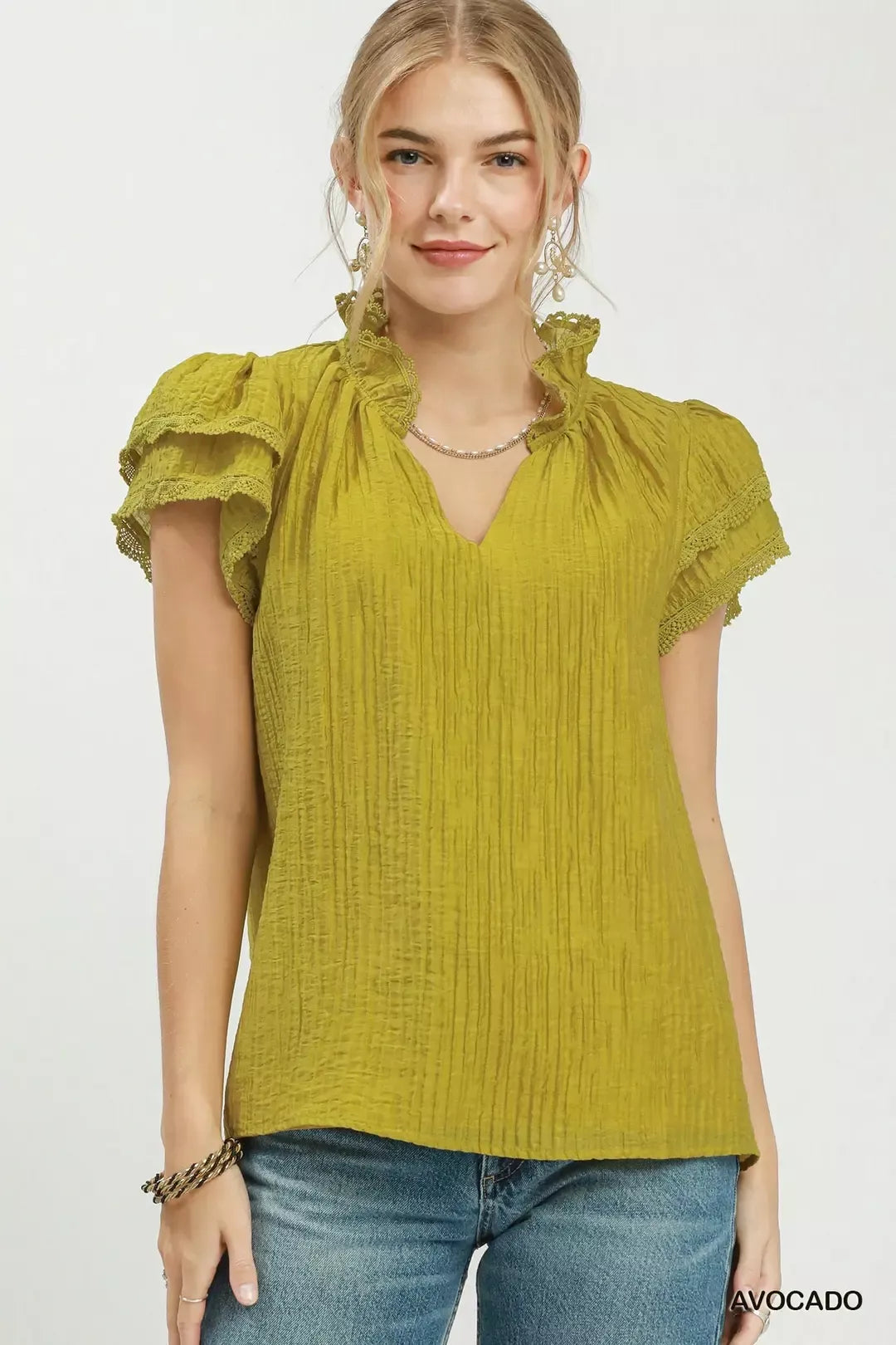 Umgee Lace Trim Ruffle Top