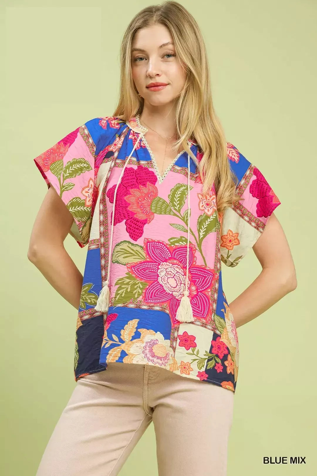 Umgee Mix Floral Patchwork Tassel Tie Top