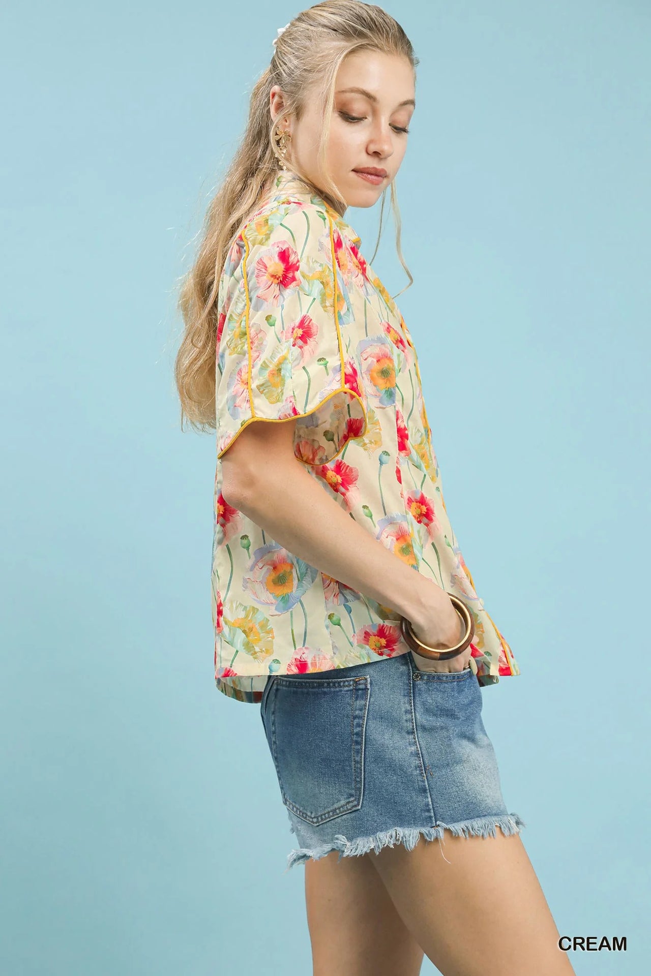 Umgee Floral Print Button-Down Blouse with Flutter Sleeves