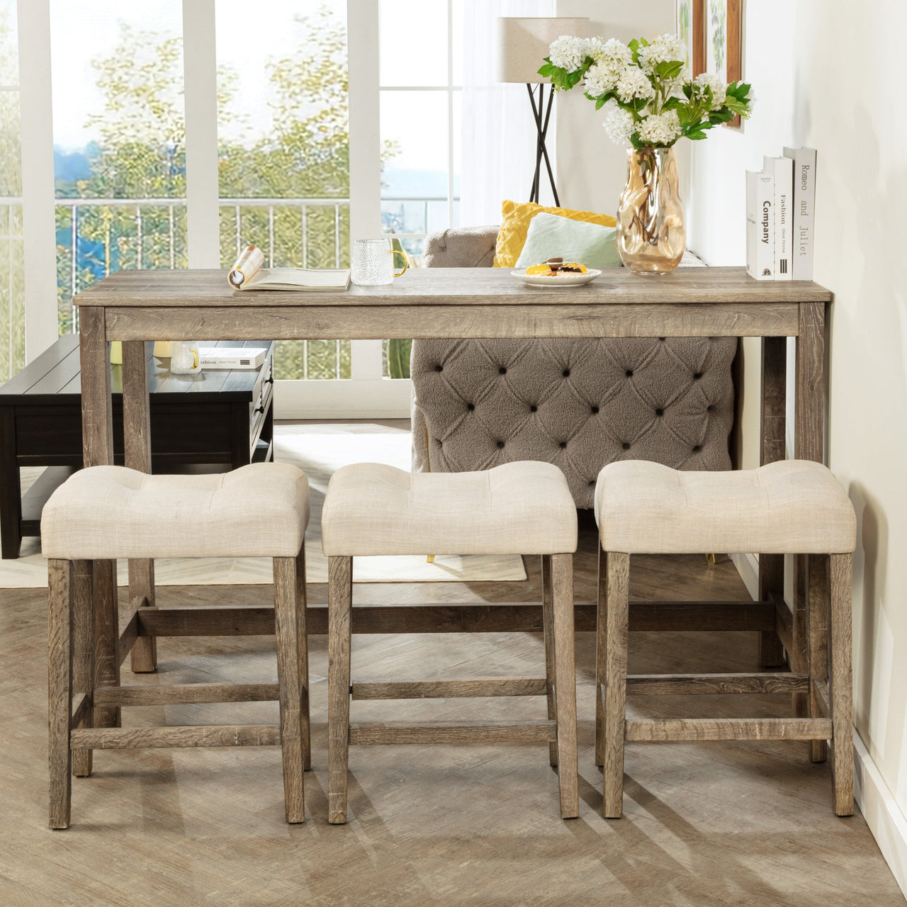 4-Piece Bar Table Set with Power Outlet, Dining Bar Table and Chairs Set, Bar Table Set with 3 Padded Stools for Living Room, Dining Room, Game Room, Brown