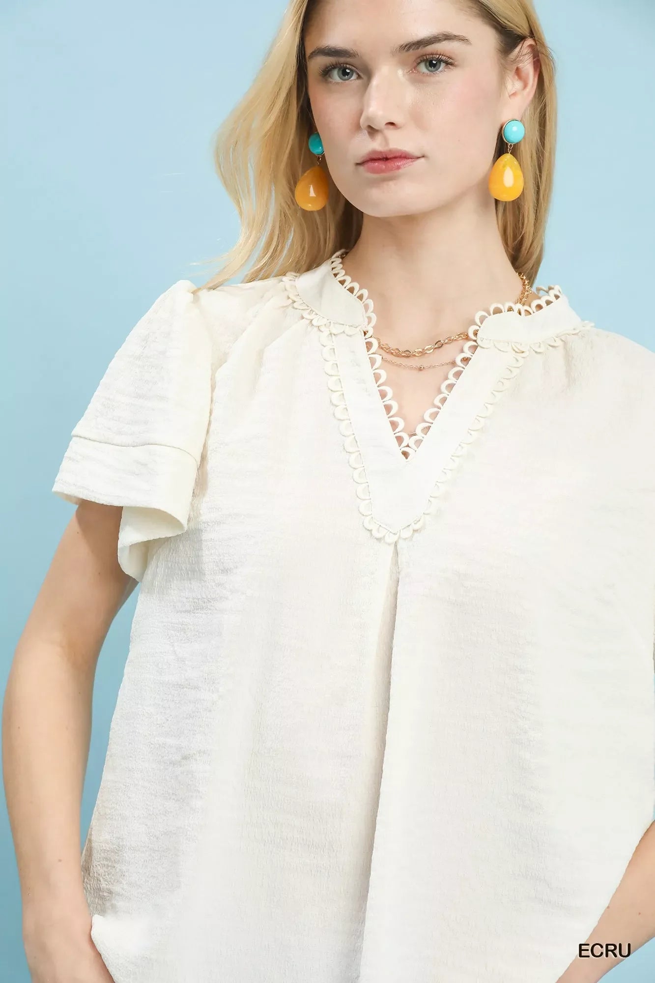 Umgee Seersucker Short Sleeve Top with Lace Trim