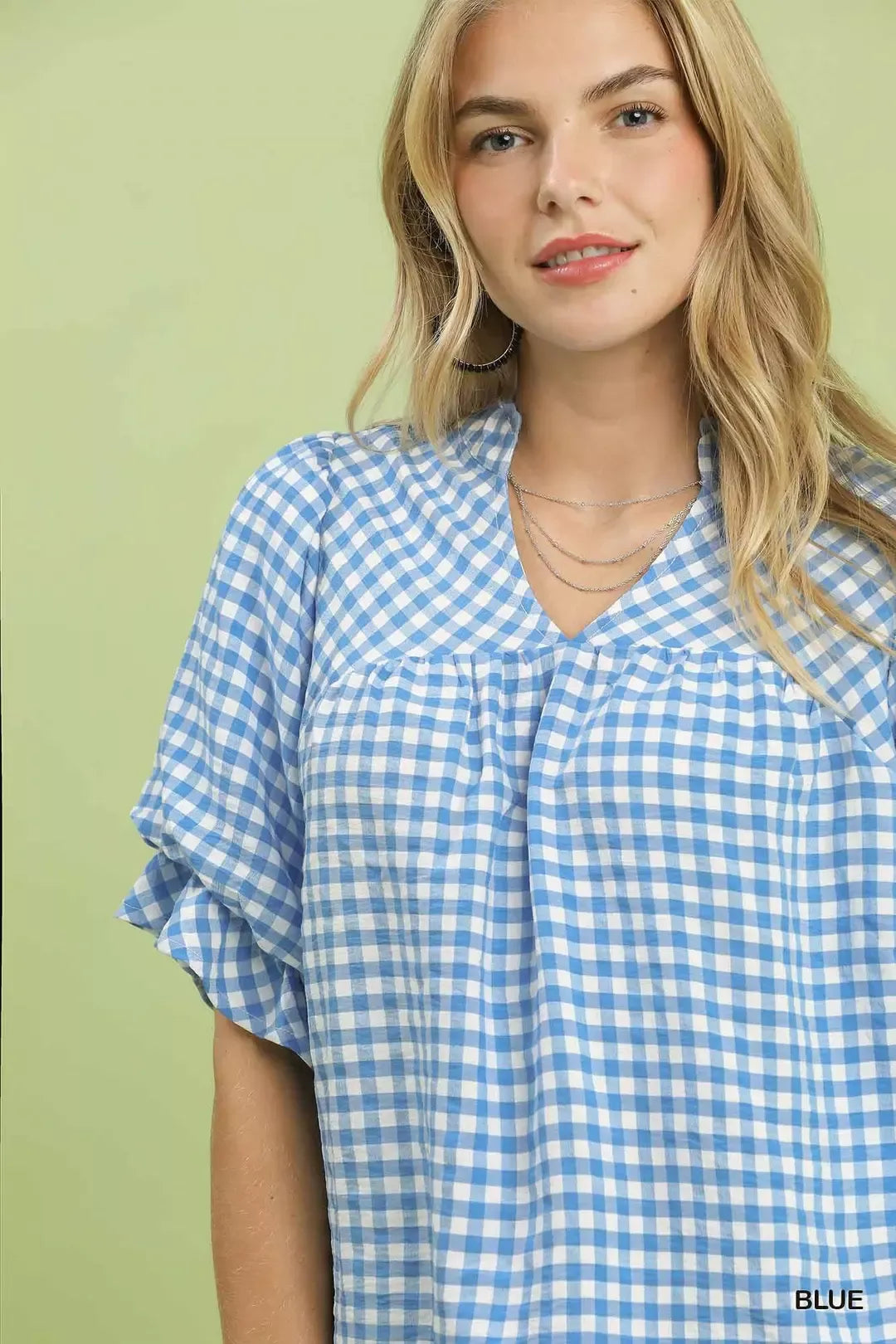 Umgee Gingham Check Blouse with Ruffle Sleeves