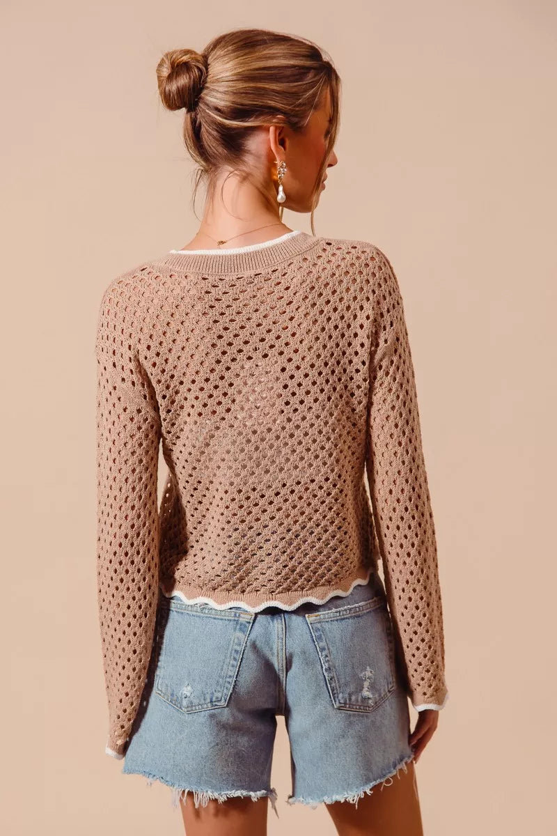 SO ME Open Knit Light Weight Sweater Cardigan With Contrast Wavy Scallop Edge