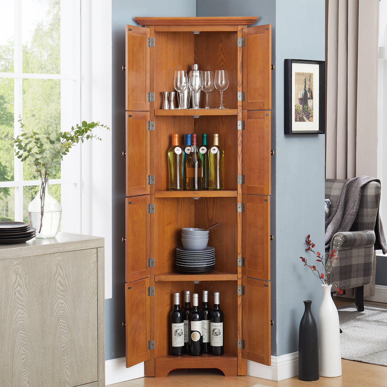 4-Tier 72' Corner Kitchen Pantry Storage Cabinet with 8 Doors Tall Storage Cabinet, Corner Cabinet and Shelves, Home farmhouse bookshelf Cabinet for Bathroom, Living room, Kitchen OAK