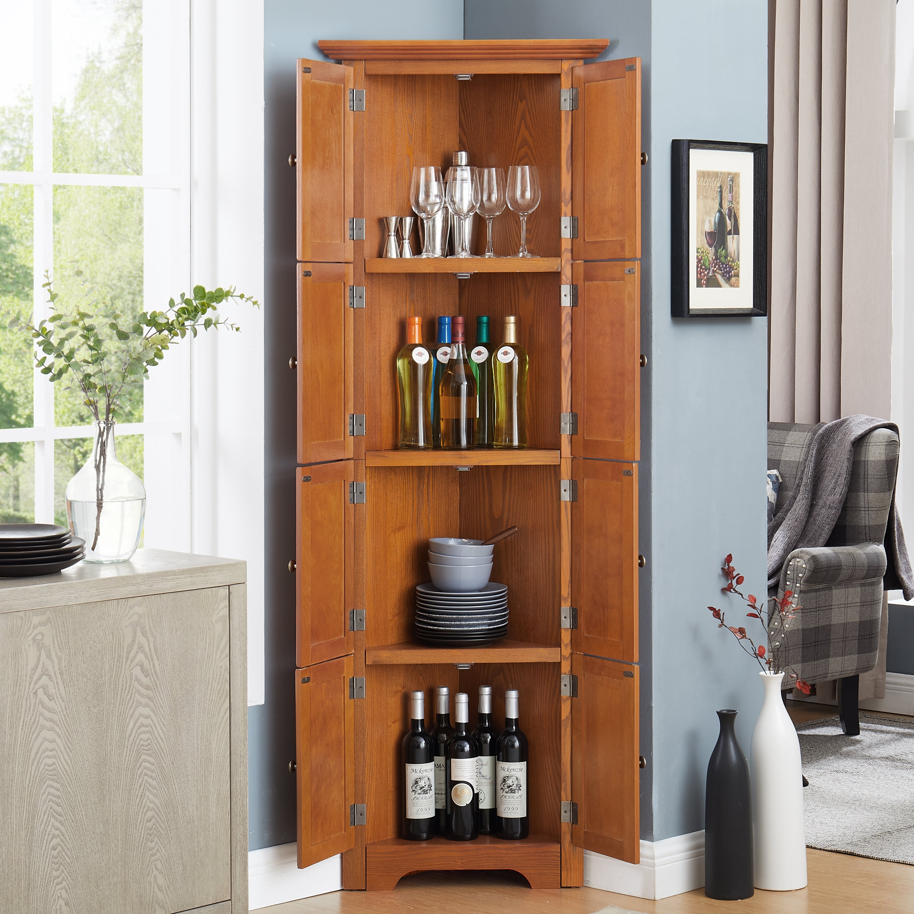 4-Tier 72' Corner Kitchen Pantry Storage Cabinet with 8 Doors Tall Storage Cabinet, Corner Cabinet and Shelves, Home farmhouse bookshelf Cabinet for Bathroom, Living room, Kitchen OAK