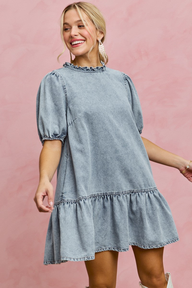 SO ME Denim Short Sleeves Mini Tiered Dress