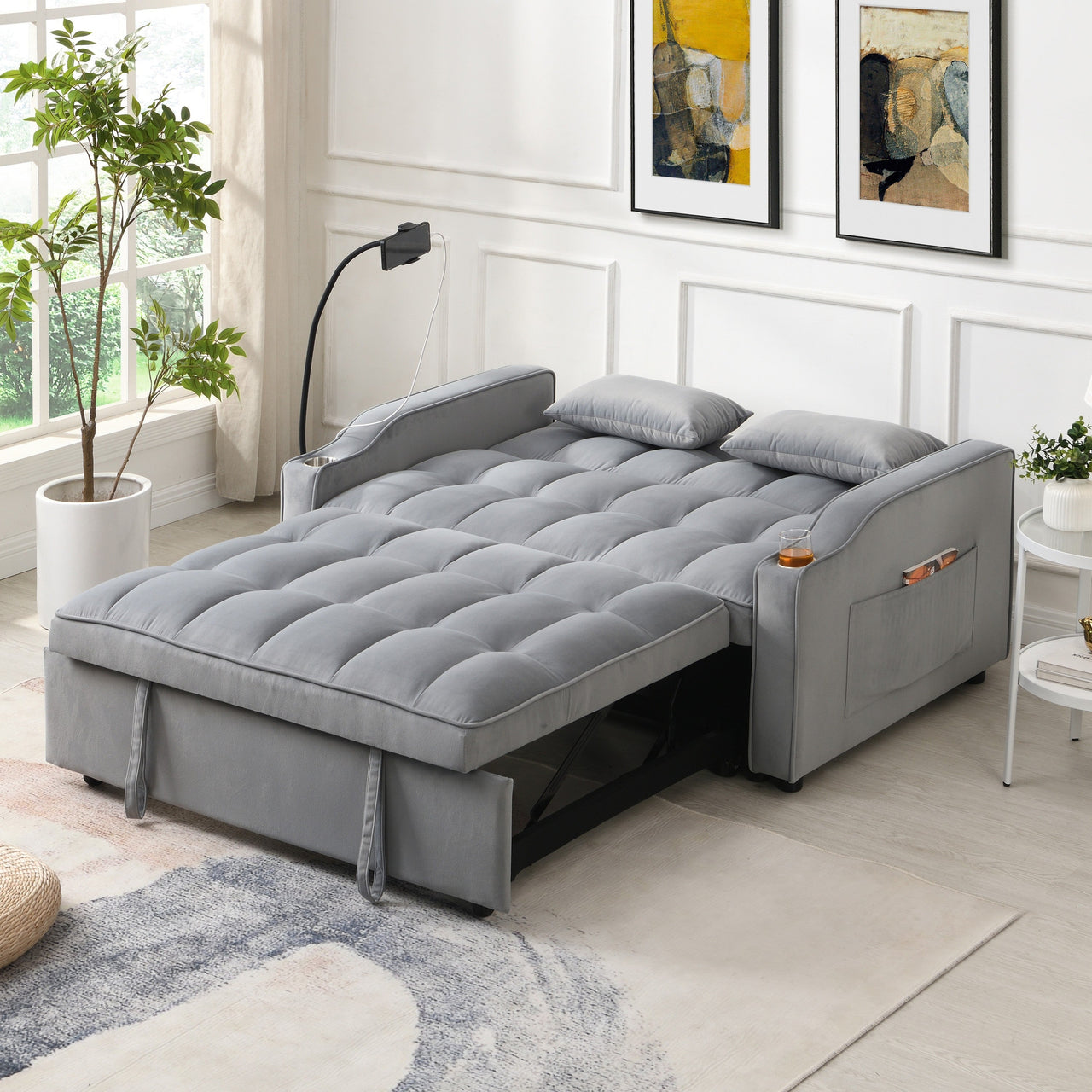 Modern Velvet Loveseat Futon Sofa Couch with Pullout Bed, Adjustable Backrest, Toss Pillows, Light Gray