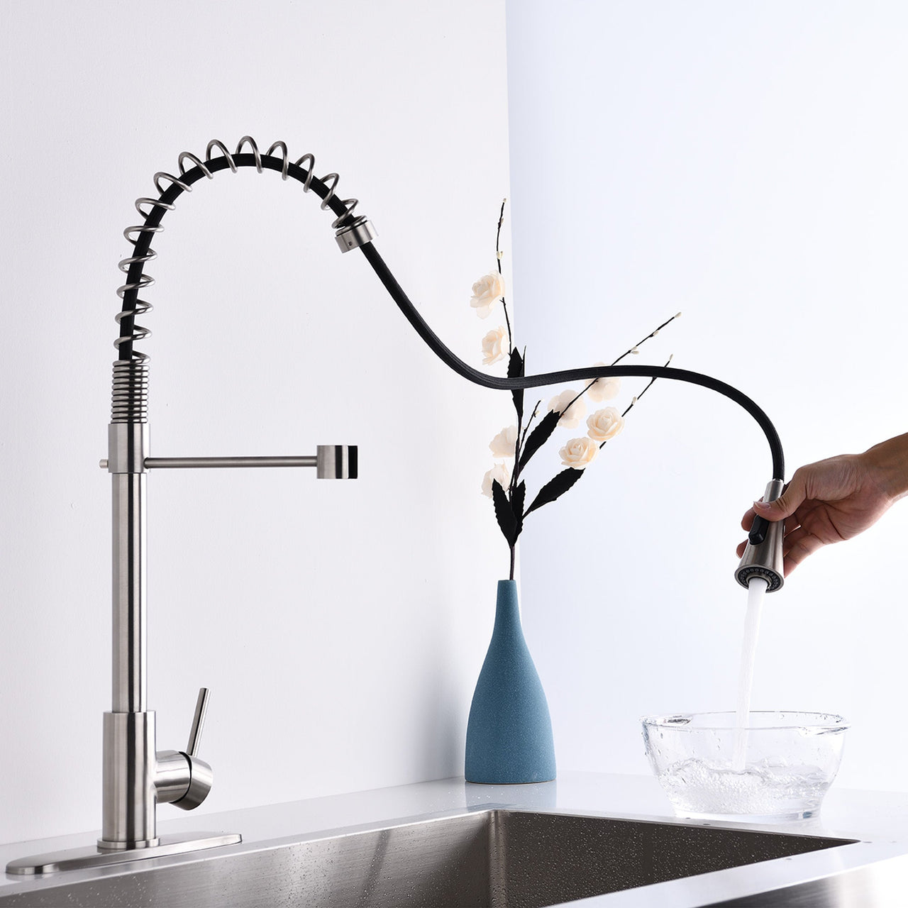 Modern Brushed Nickel Single Handle Spring High Arc Kitchen Faucet with Water Filter System, Stainless Steel