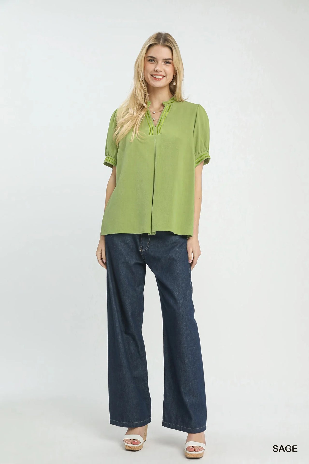 Umgee Embroidery Linen Puff Sleeve Blouse