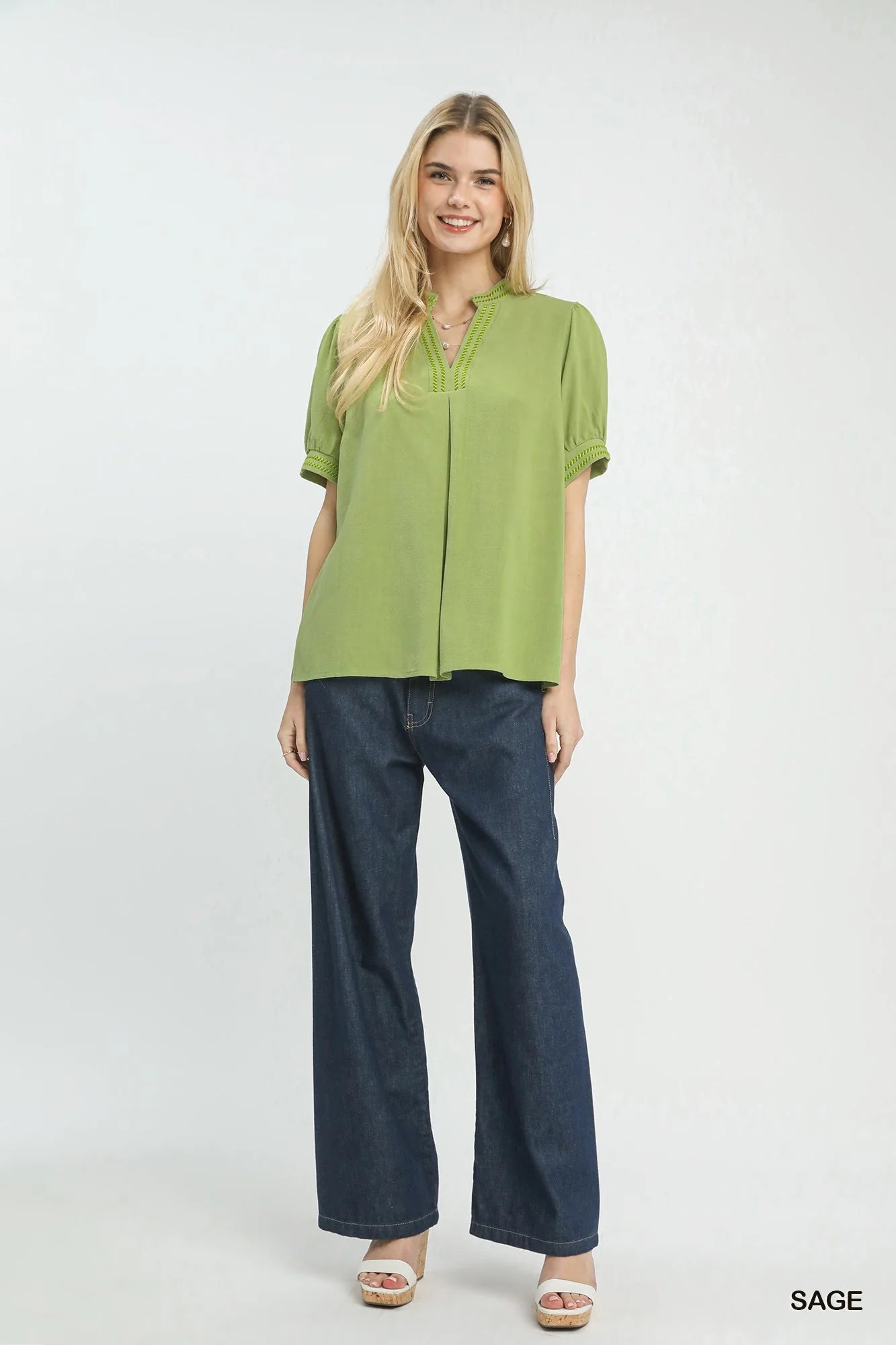 Umgee Embroidery Linen Puff Sleeve Blouse
