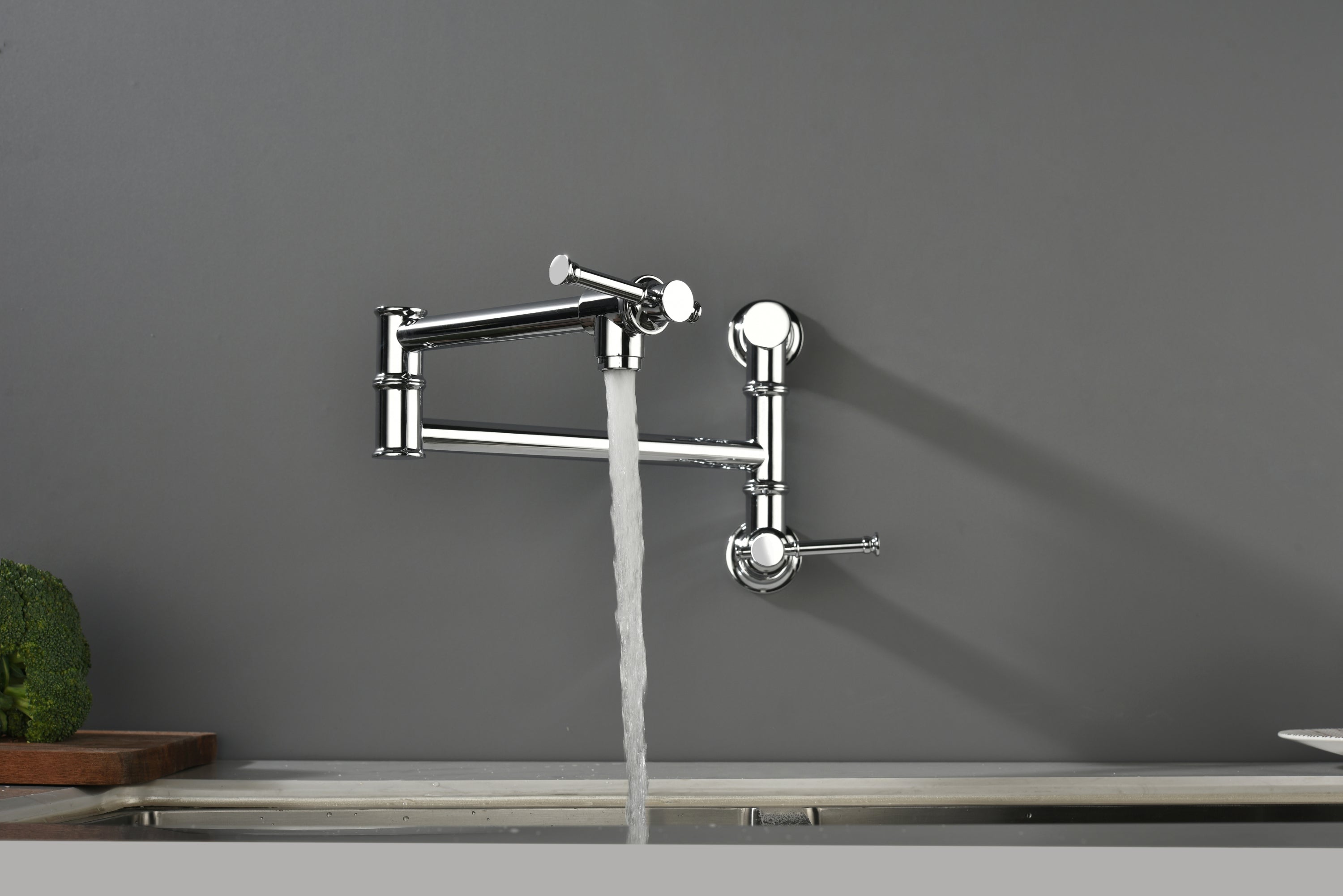 Wall mounted Pot Filler Faucet, Modern Brass Pot Filler Two-Attachment Wall Mount Folding Kitchen Pot Filler Swing Arm