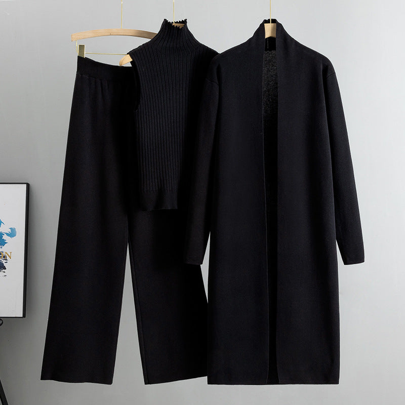 3pcs Suits Women Fashion Knitting Sleeveless Vest Sweater Long Cardigan And Wide-leg Pants Three-piece Set (See size chart where applicable)
