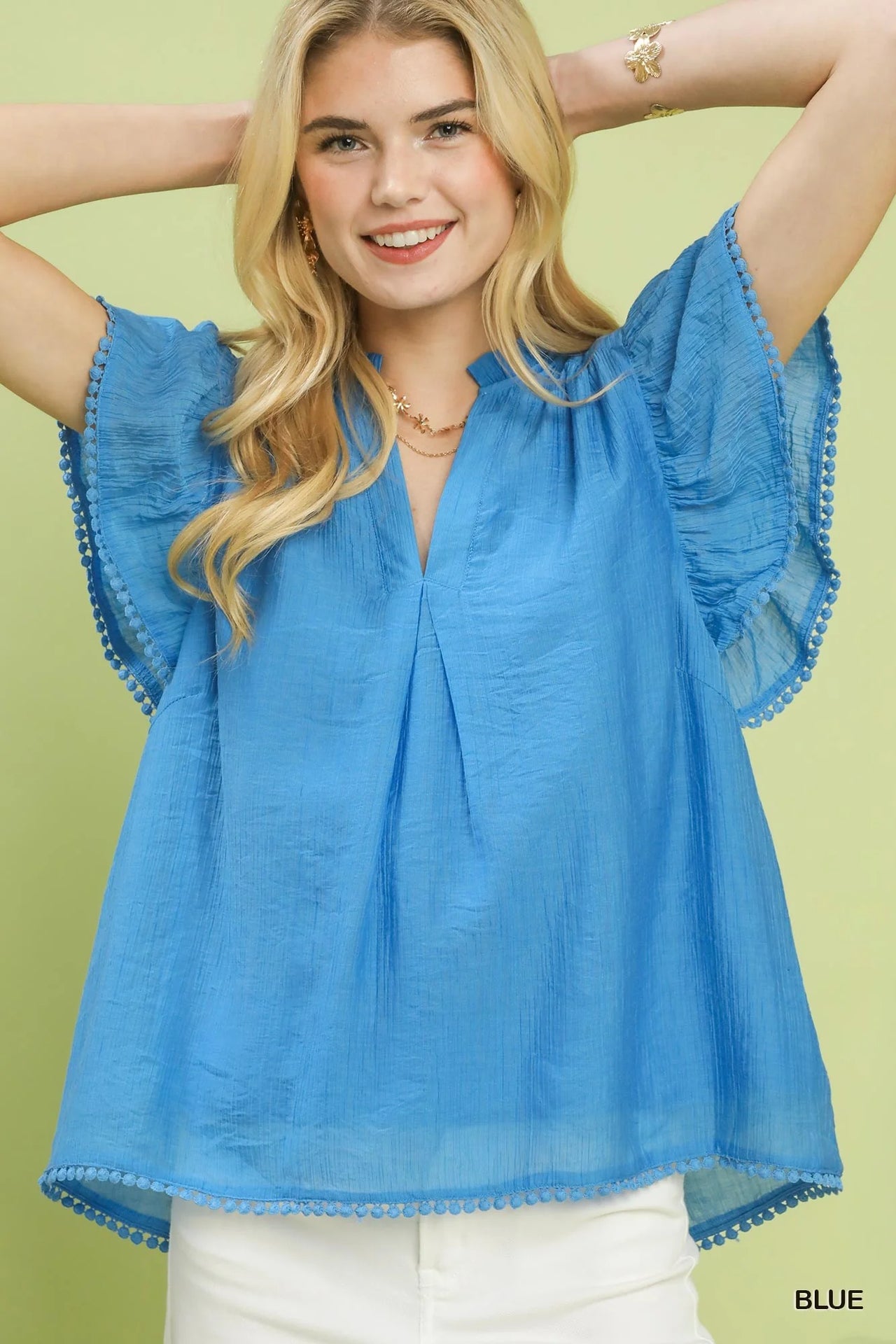 Umgee Flutter Sleeve Relaxed Top with Trim Detail