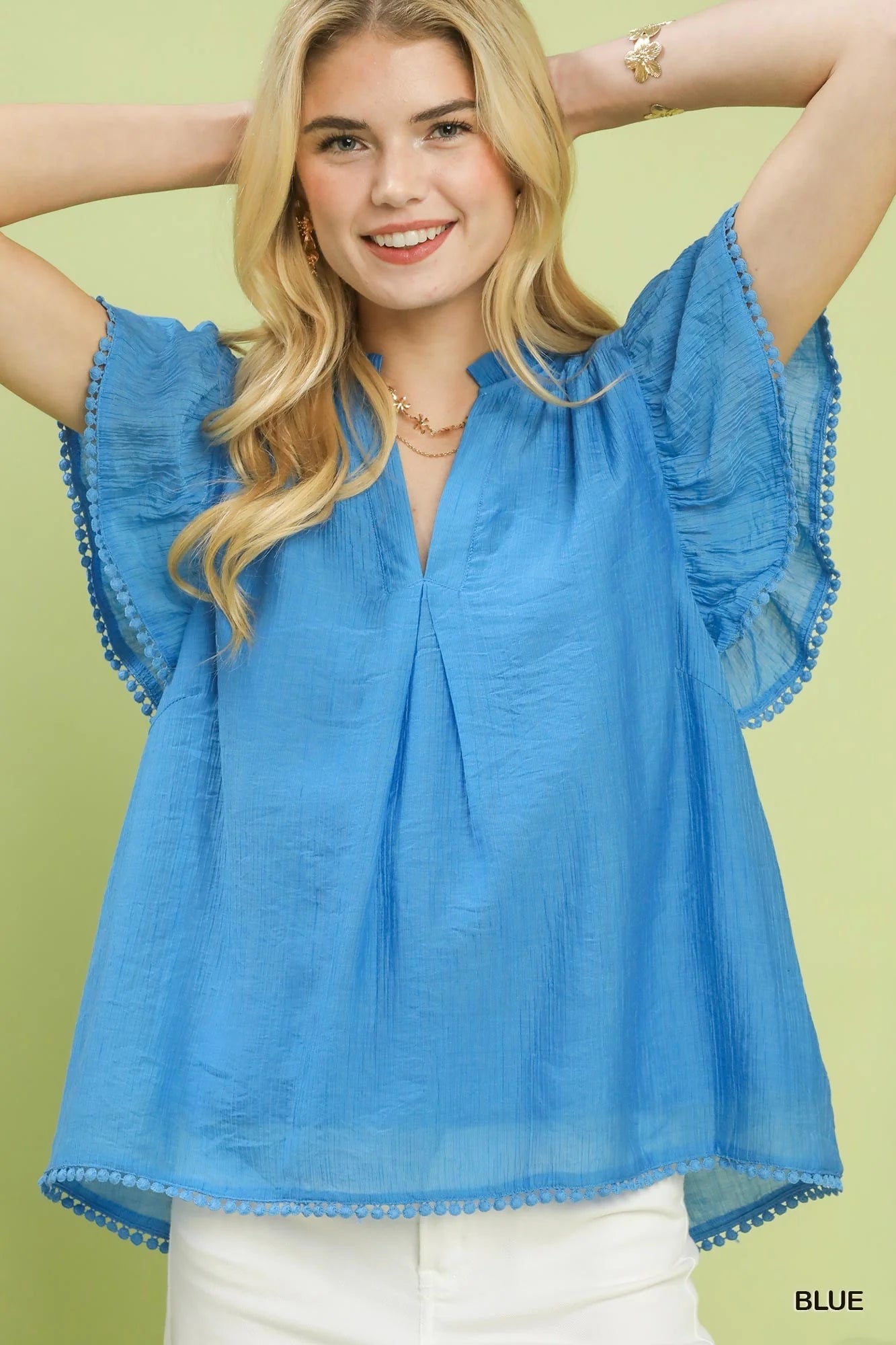 Umgee Flutter Sleeve Relaxed Top with Trim Detail