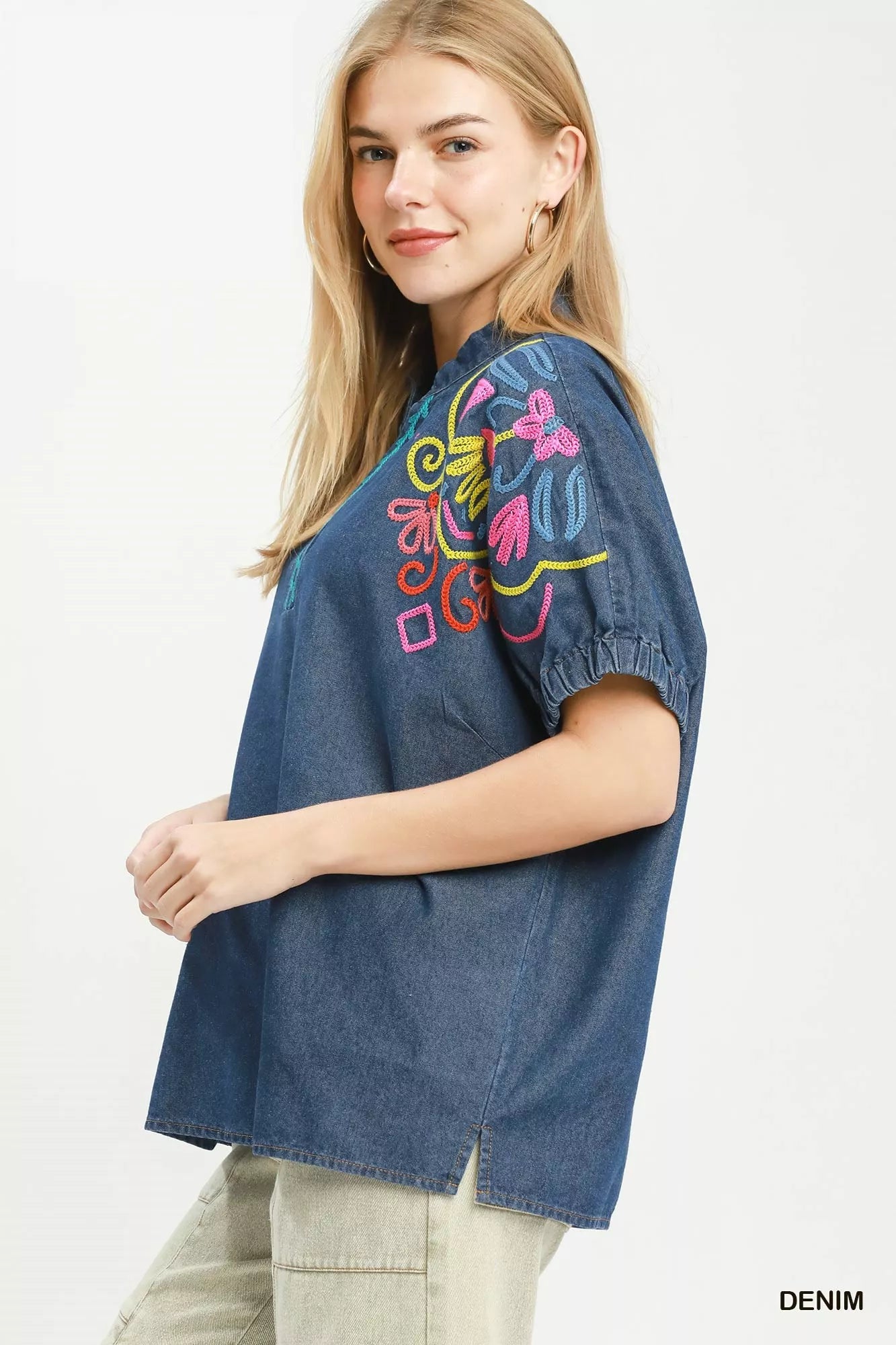 Umgee Embroidered Denim Puff Sleeve Top