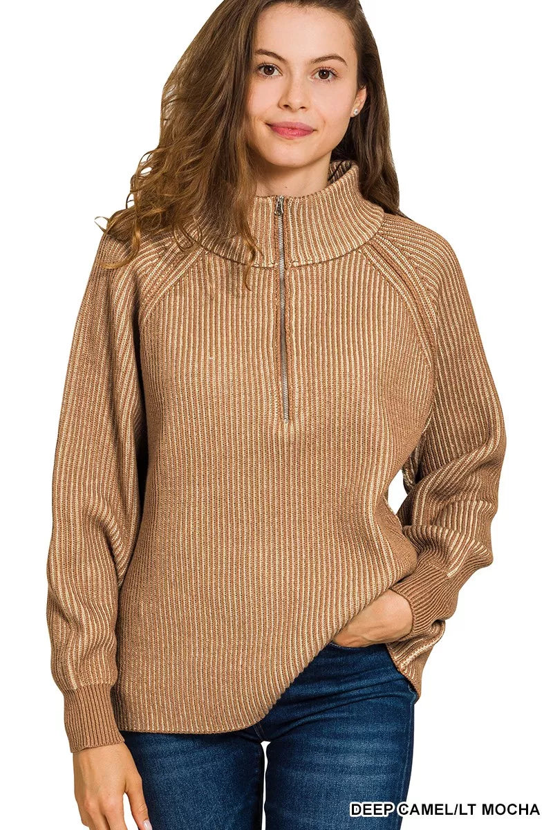 Zenana Ribbed Two Tone Half Zip Sweater