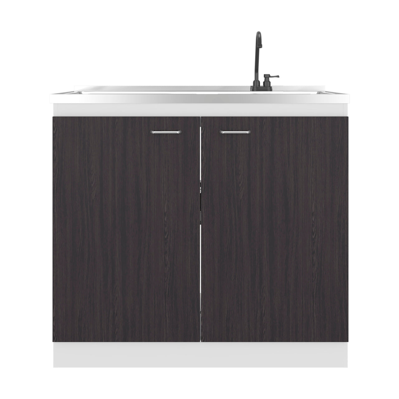 Napoles Utility Sink with Faucet Inclued and Integrated Stainless Steel Counter top, Freestanding cabinet with two doors, Metal Handles and Two interior shelves, Black & White Print