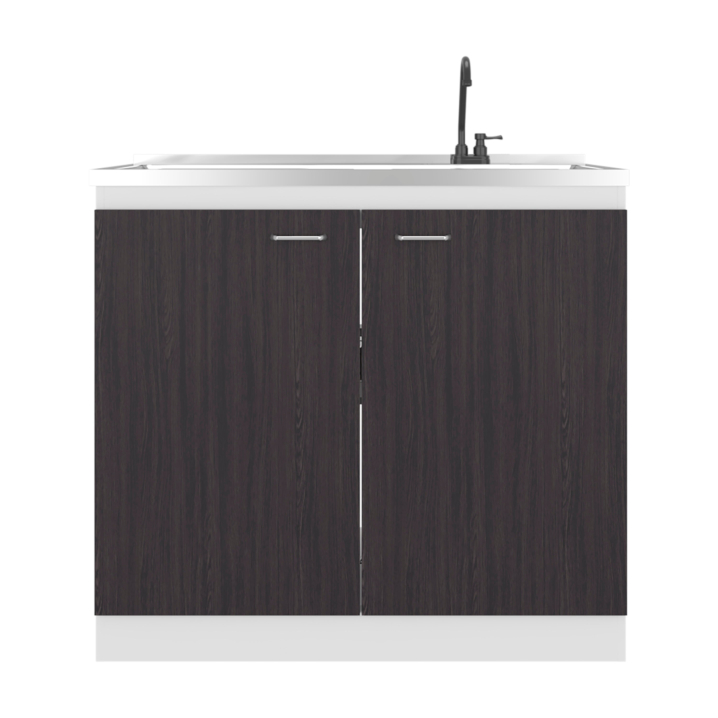 Napoles Utility Sink with Faucet Inclued and Integrated Stainless Steel Counter top, Freestanding cabinet with two doors, Metal Handles and Two interior shelves, Black & White Print