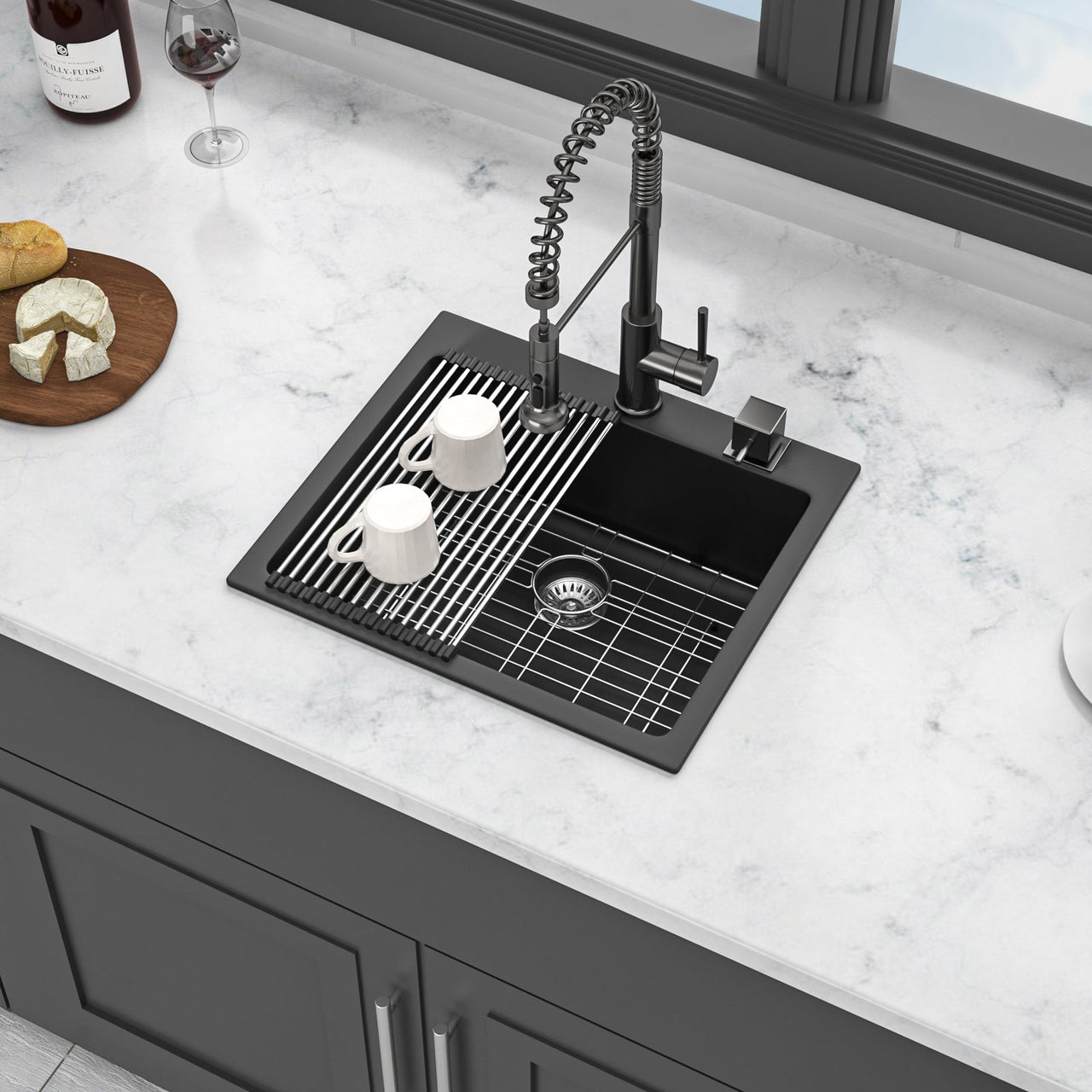 Quartz Kitchen Sink - 25 x 22 Inch Black Granite Composite Drop-In Sink