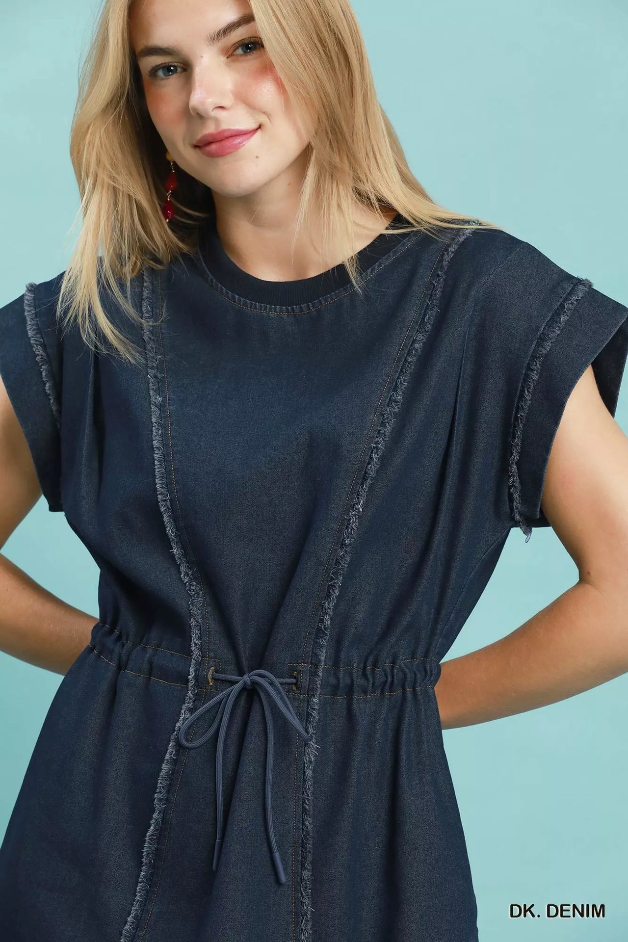 Umgee Drawstring Waist Frayed Denim Mini Dress
