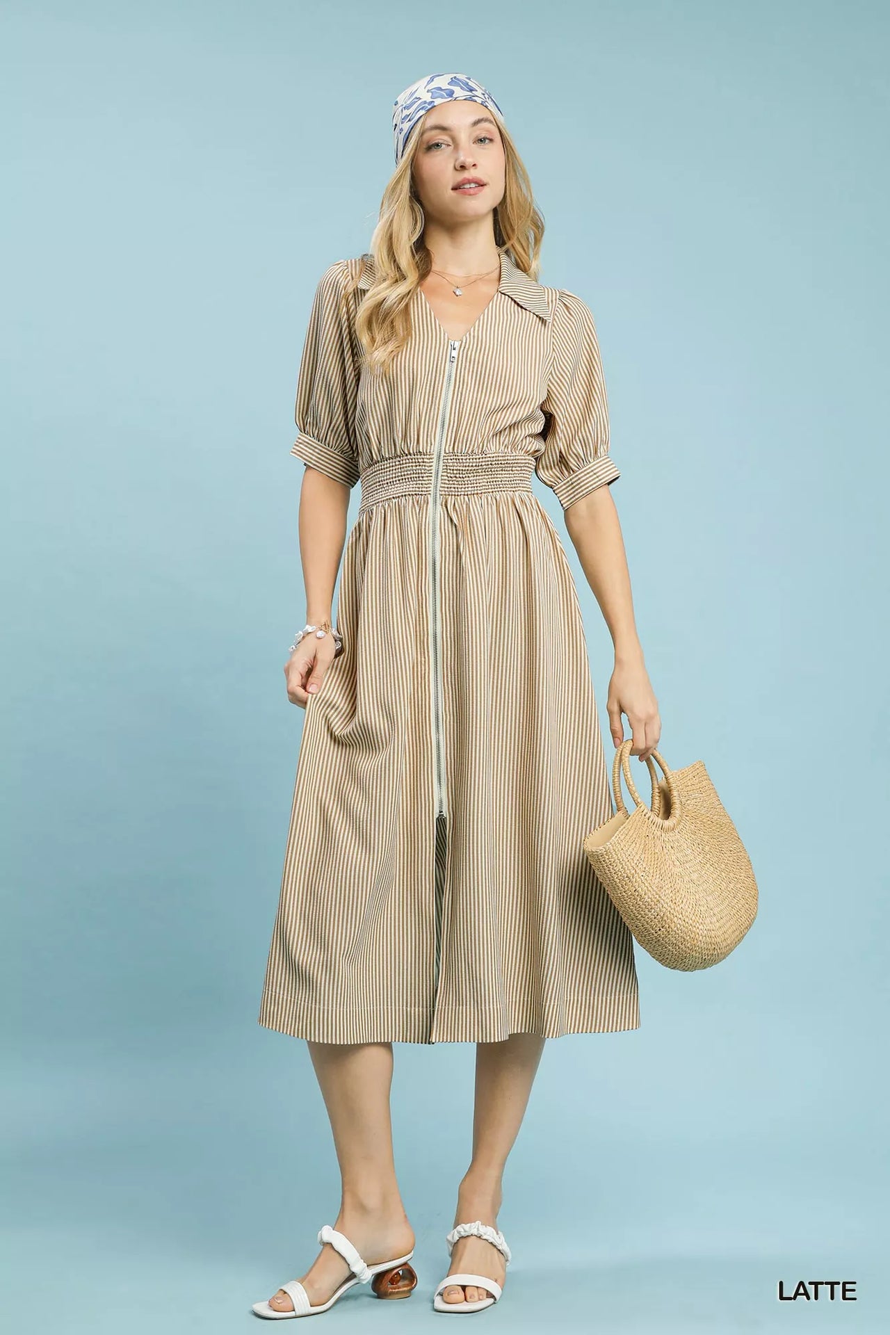 Umgee Striped Midi Dress with Front Zipper