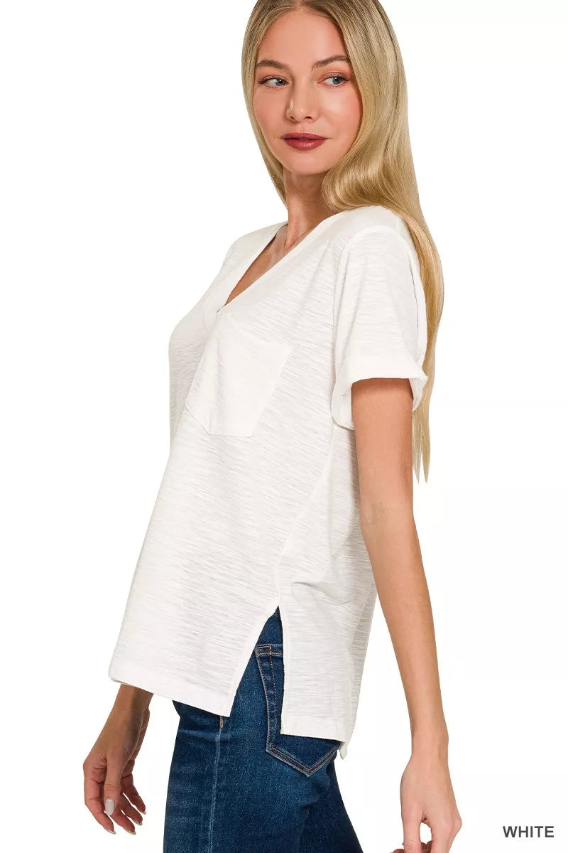 Zenana Slub Rolled Short Sleeve V-Neck Tee