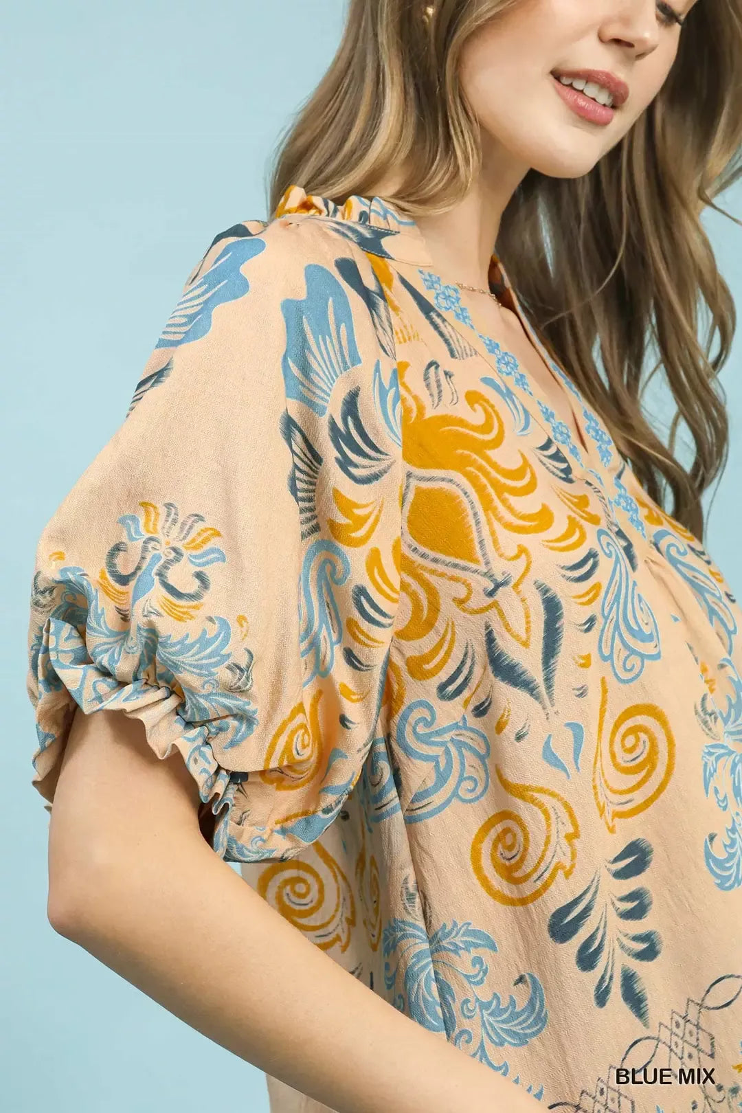 Umgee Border Print Puff Sleeve V-Neck Blouse
