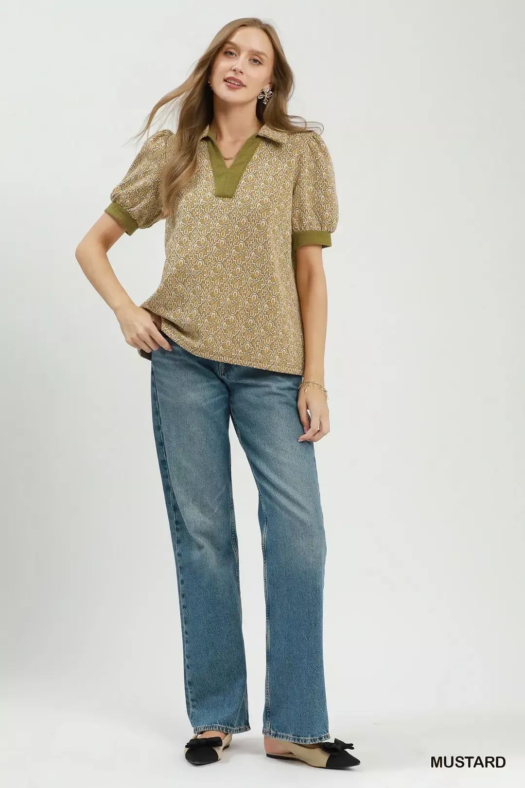 Umgee Printed Collared Puff Sleeve Top