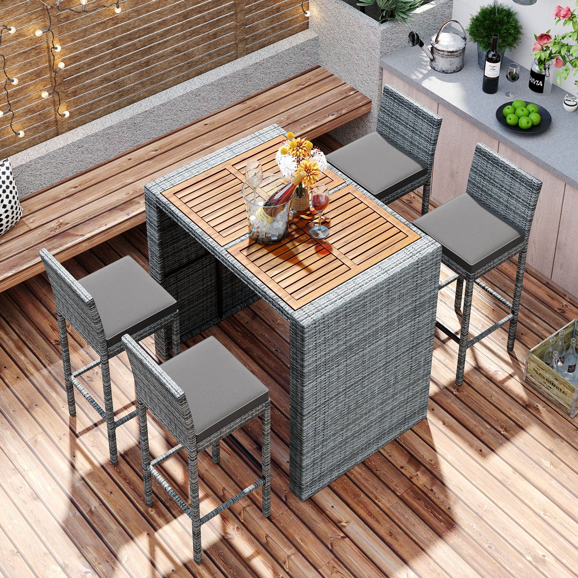 5-piece Outdoor Patio Wicker Bar Set, Bar Height Chairs With Non-Slip Feet And Fixed Rope, Removable Cushion, Acacia Wood Table Top, Brown Wood And Gray Wicker