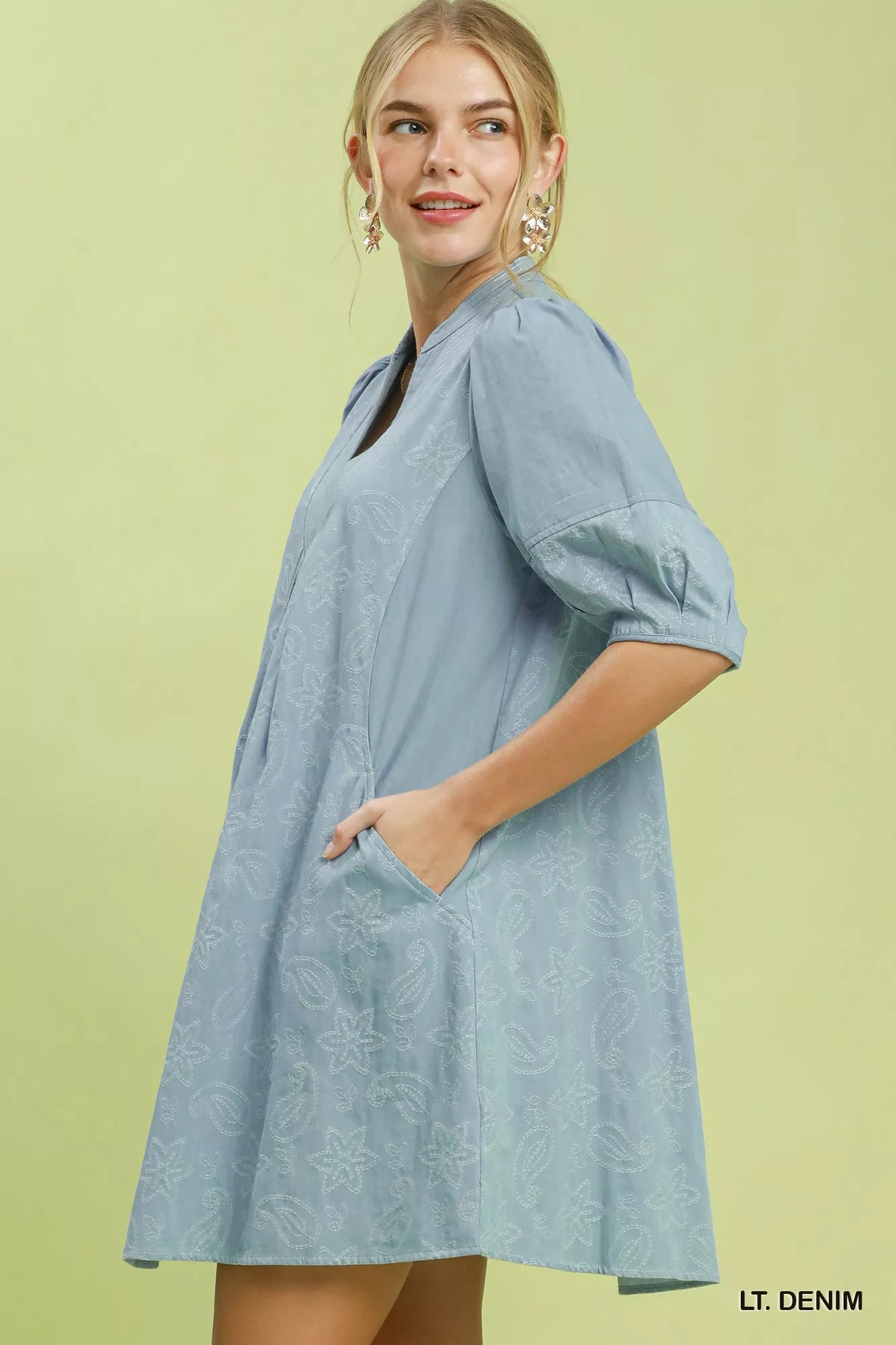 Umgee Print Denim Dress with Contrast Stitch