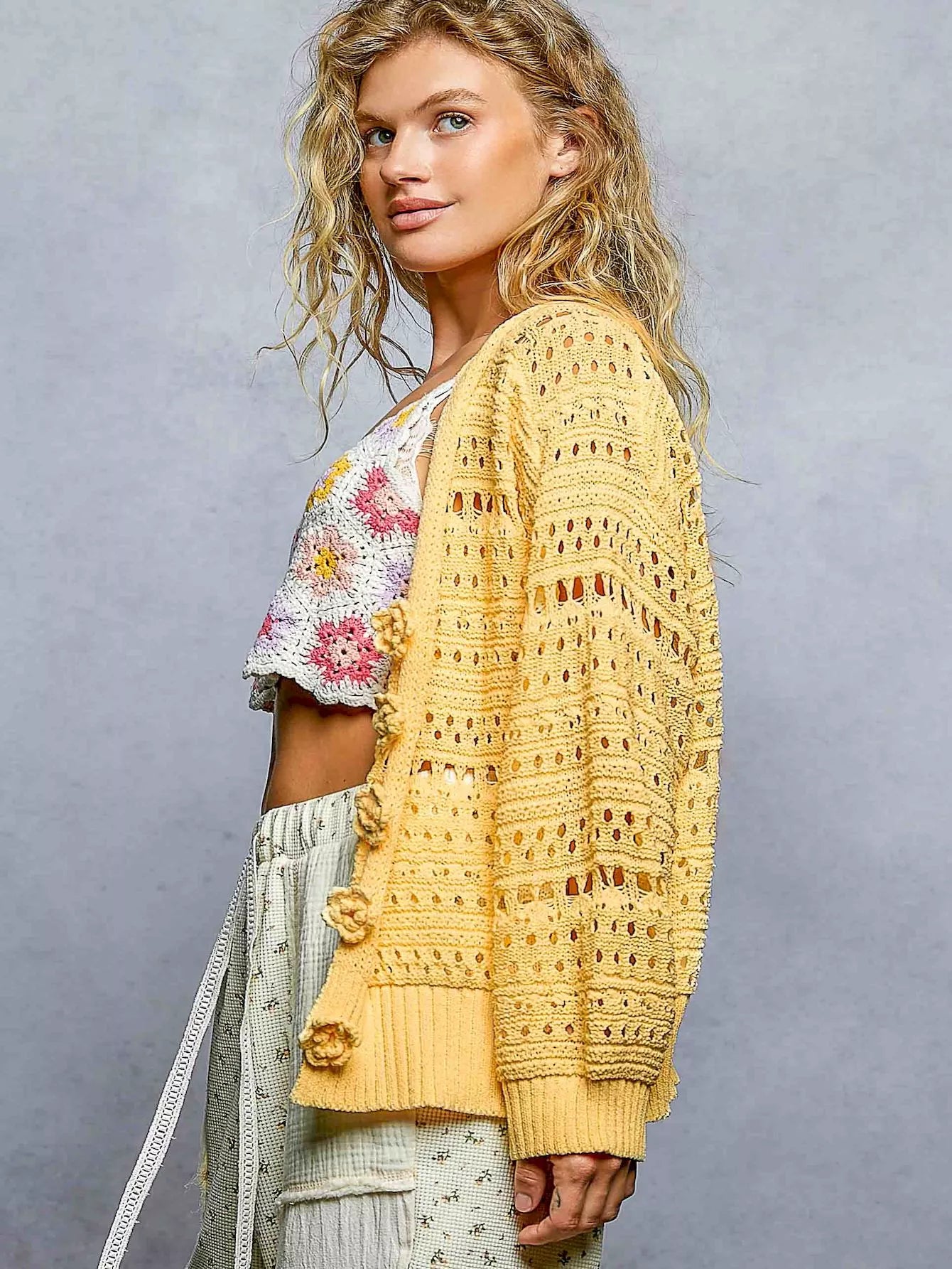 POL Open-Knit Floral Button Cardigan