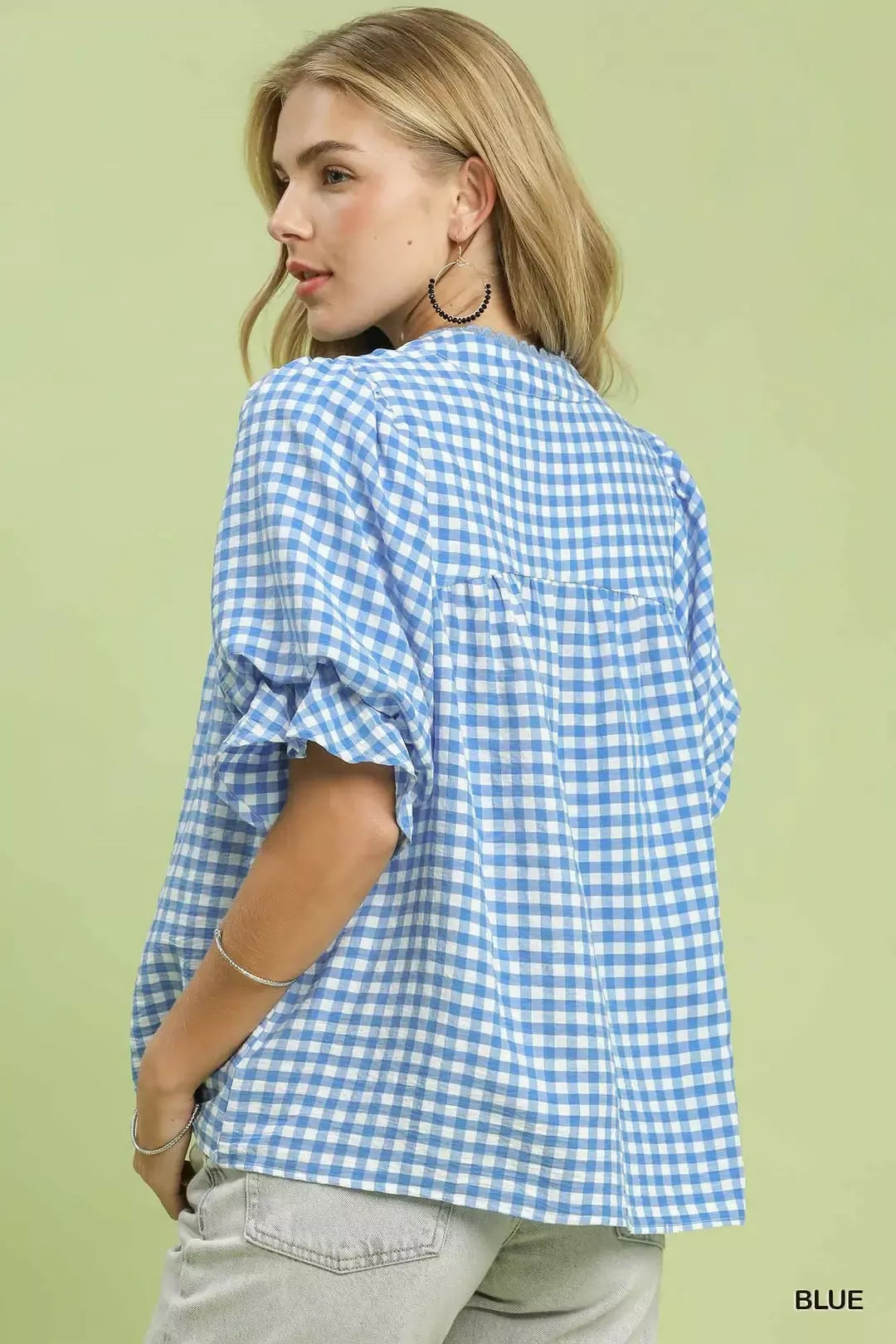 Umgee Gingham Check Blouse with Ruffle Sleeves