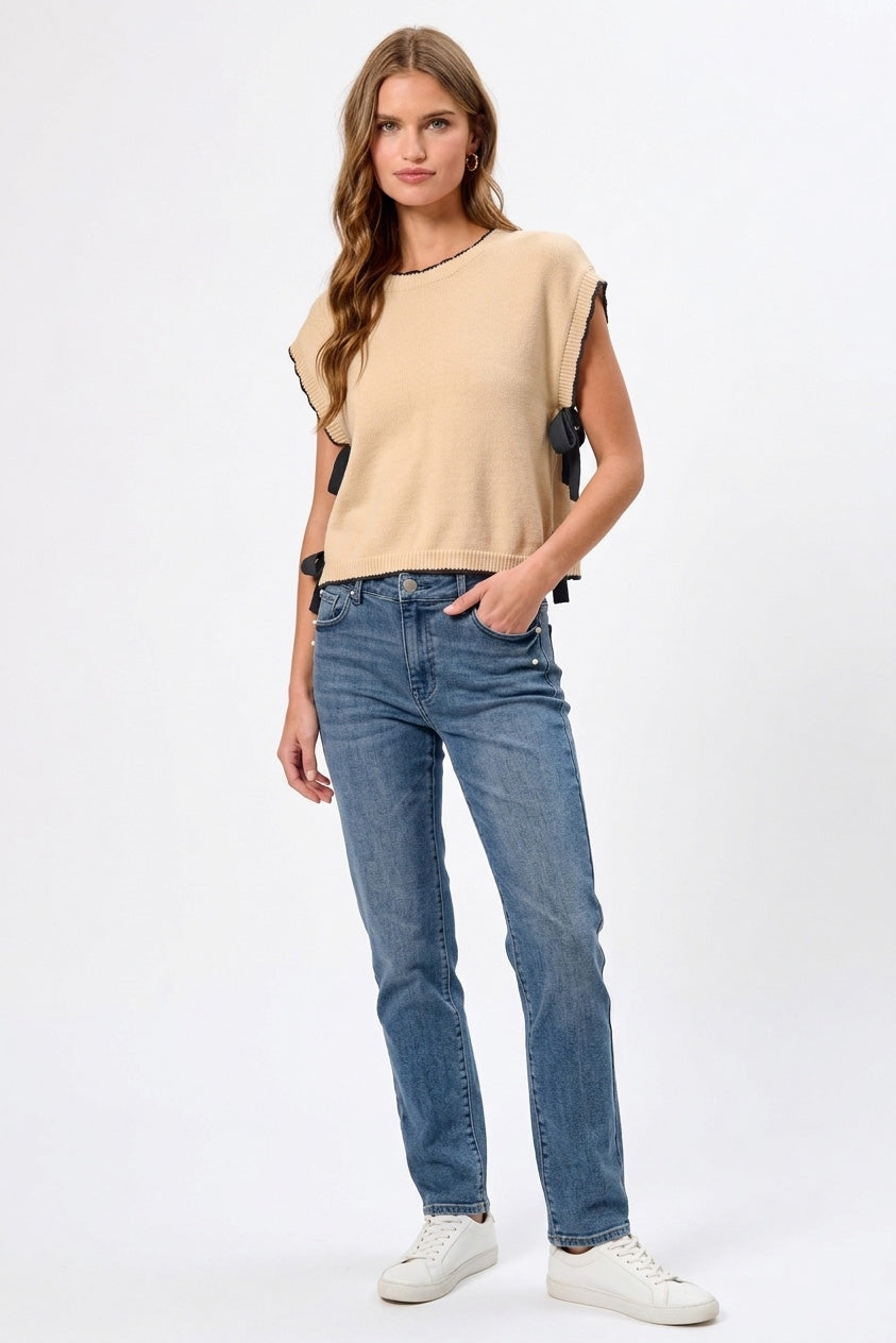 SO ME Lightweight Sweater Dolman Side Ribbon Tie Top