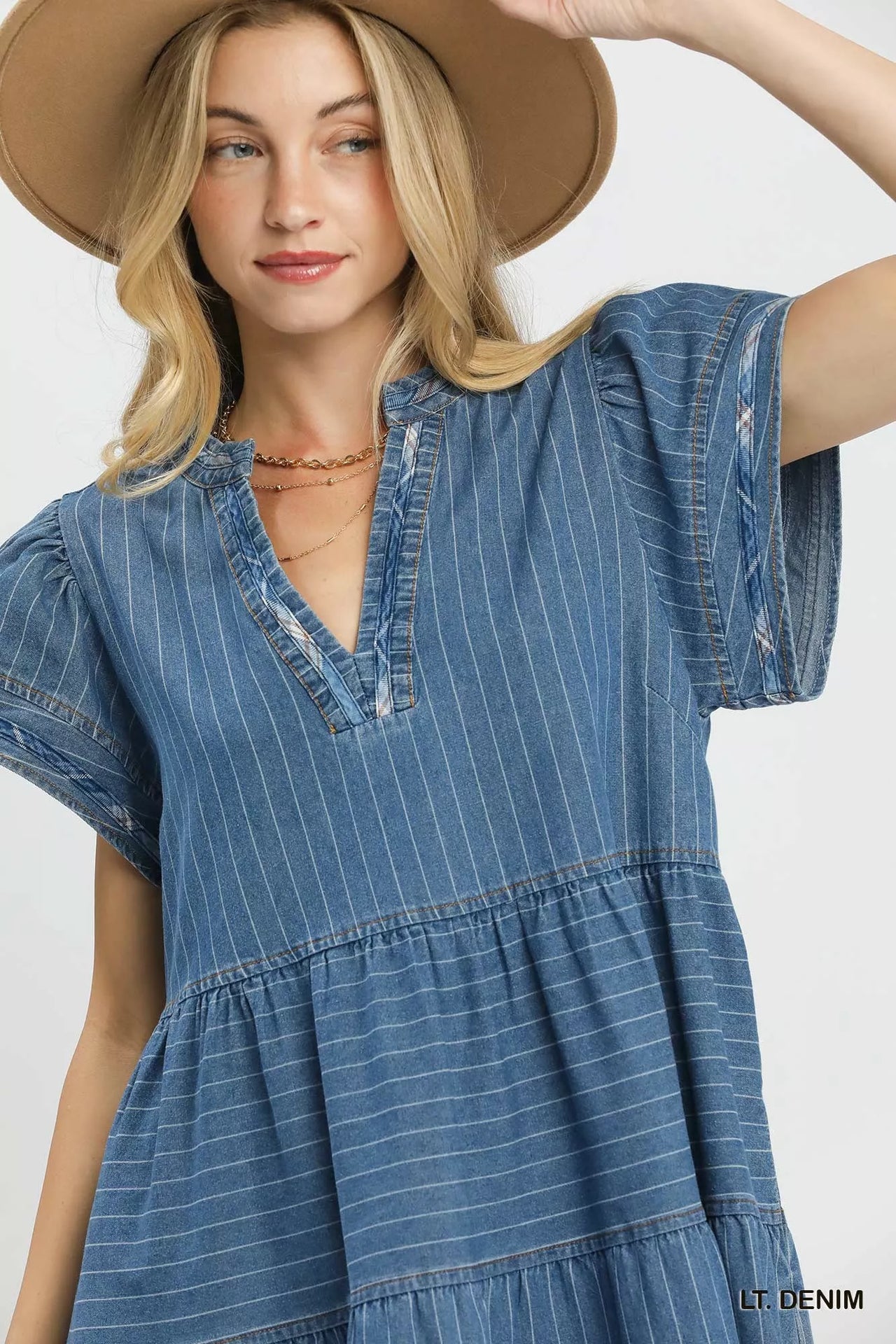 Umgee Chambray Tiered Babydoll Dress