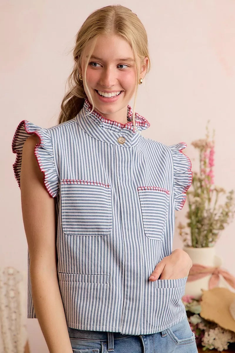 SO ME Stripe Twill Stitch Ruffled Hidden Button Vest Top