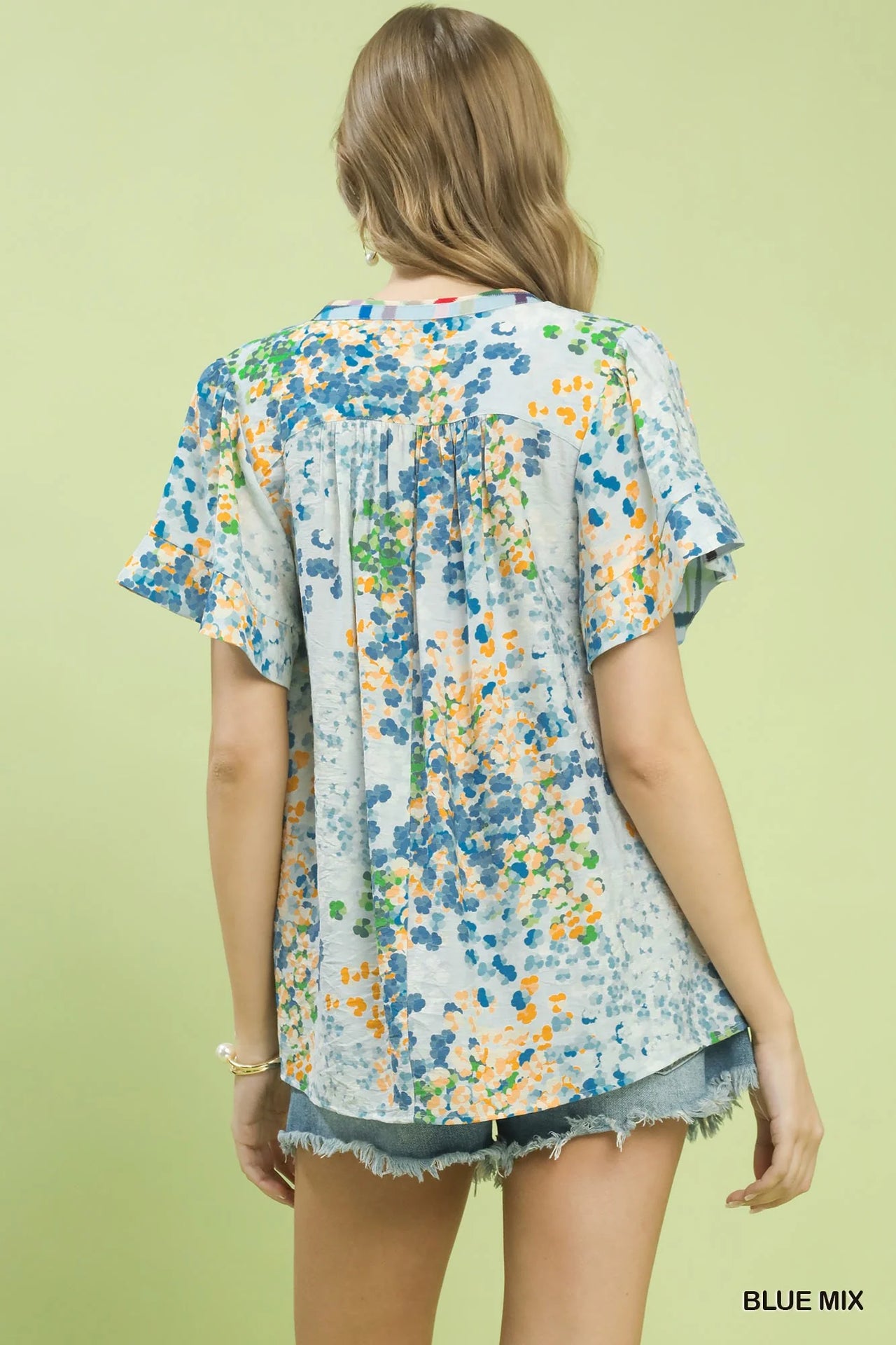 Umgee Mix Media Flutter Sleeve Blouse