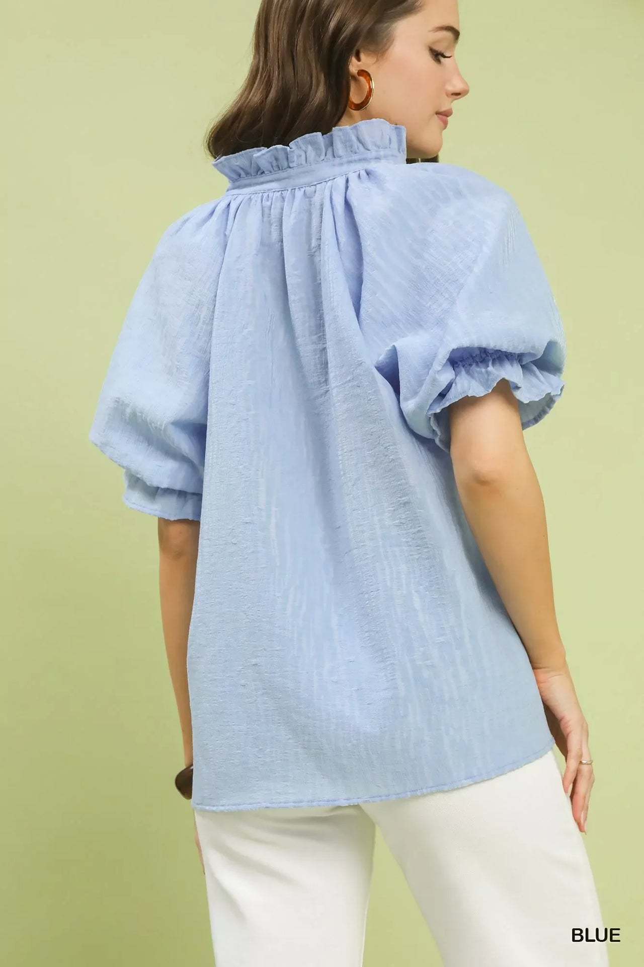 Umgee Textured Puff Sleeve Split Neck Top